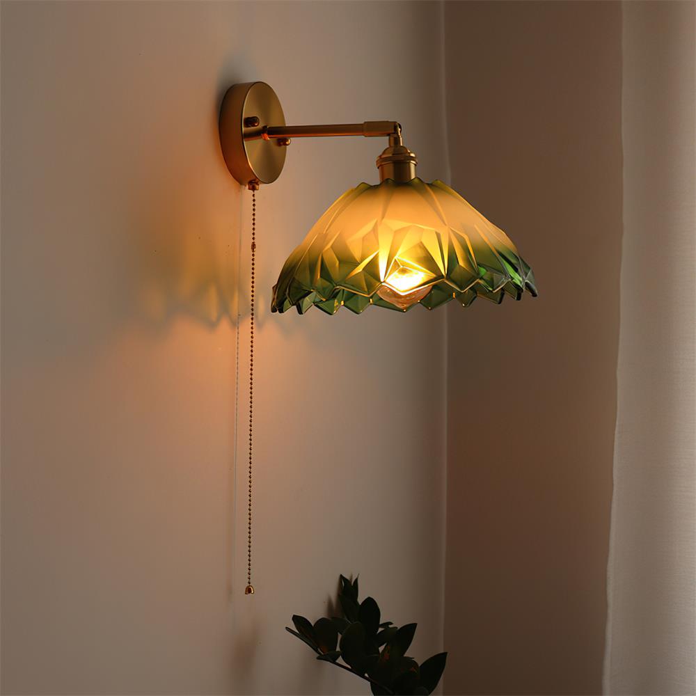 Wall Lamp Brass with Green/Clear Glass Shade and Pull Chain - Neutral Decor