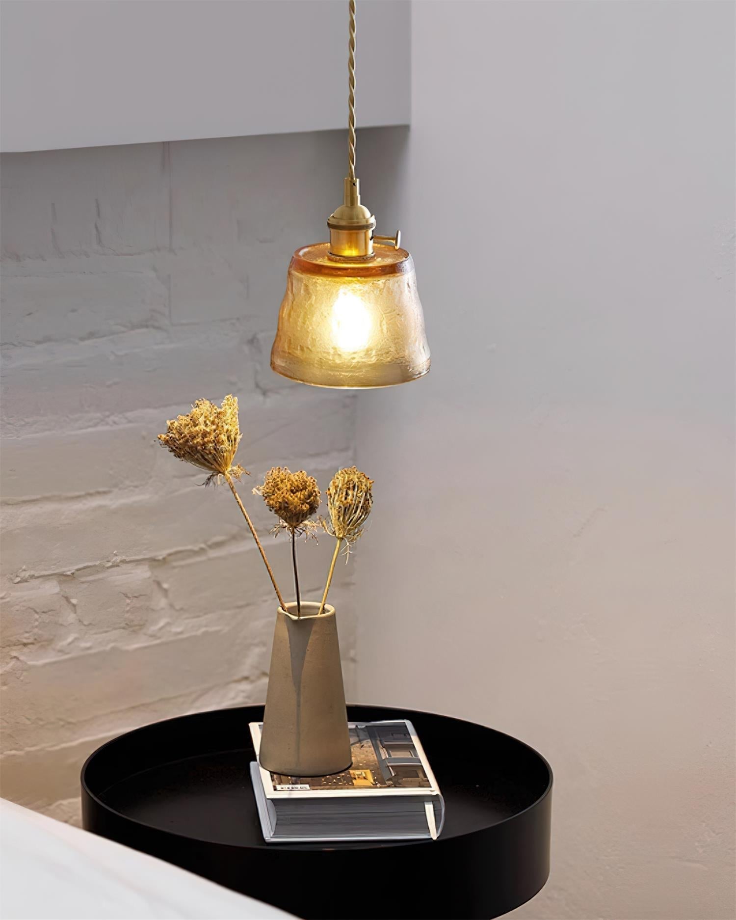 Pendant Lamp Brass and Glass Textured Shade Artisan Vintage Accent - Neutral Decor