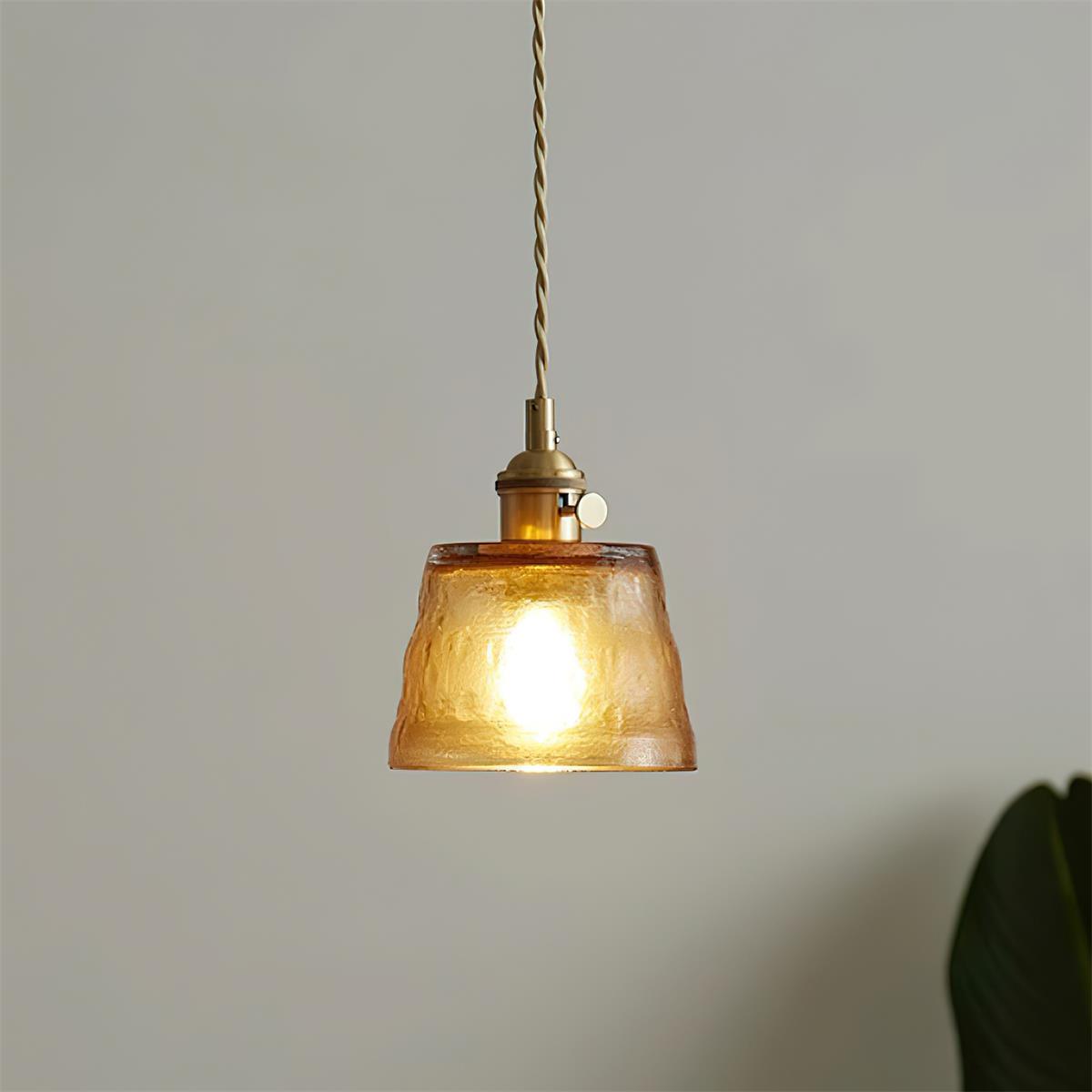 Pendant Lamp Brass and Glass Textured Shade Artisan Vintage Accent - Neutral Decor