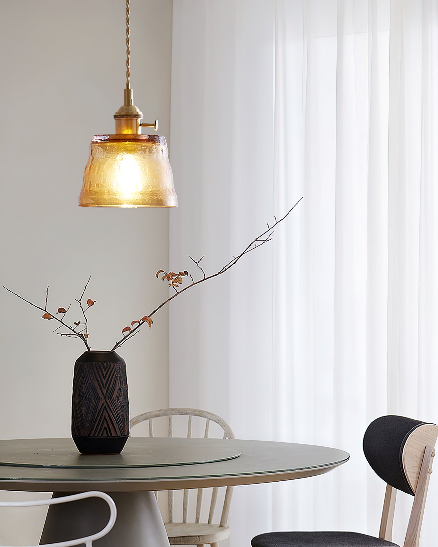 Pendant Lamp Brass and Glass Textured Shade Artisan Vintage Accent - Neutral Decor