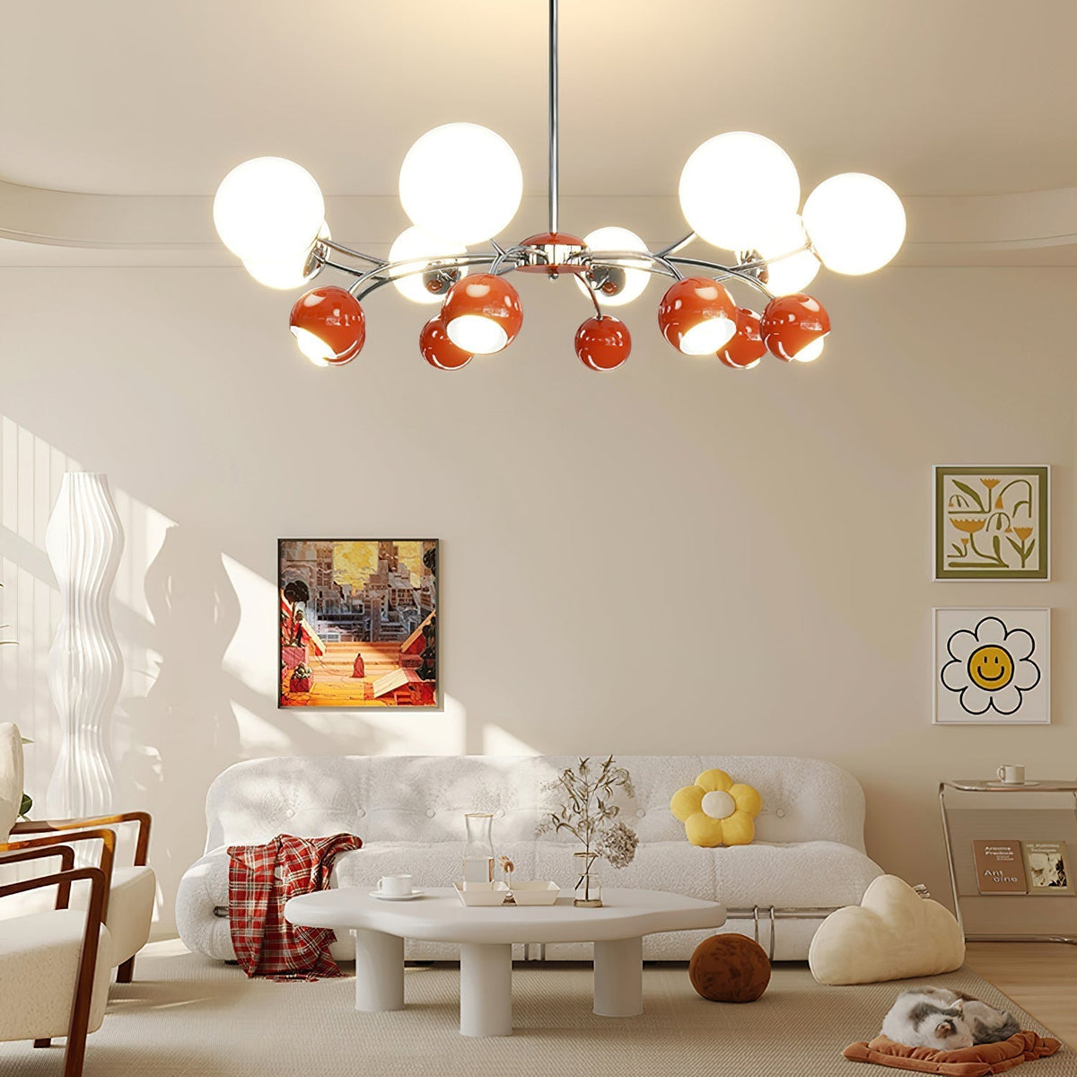 Noxiren Chandelier Chrome Red Cream Globe