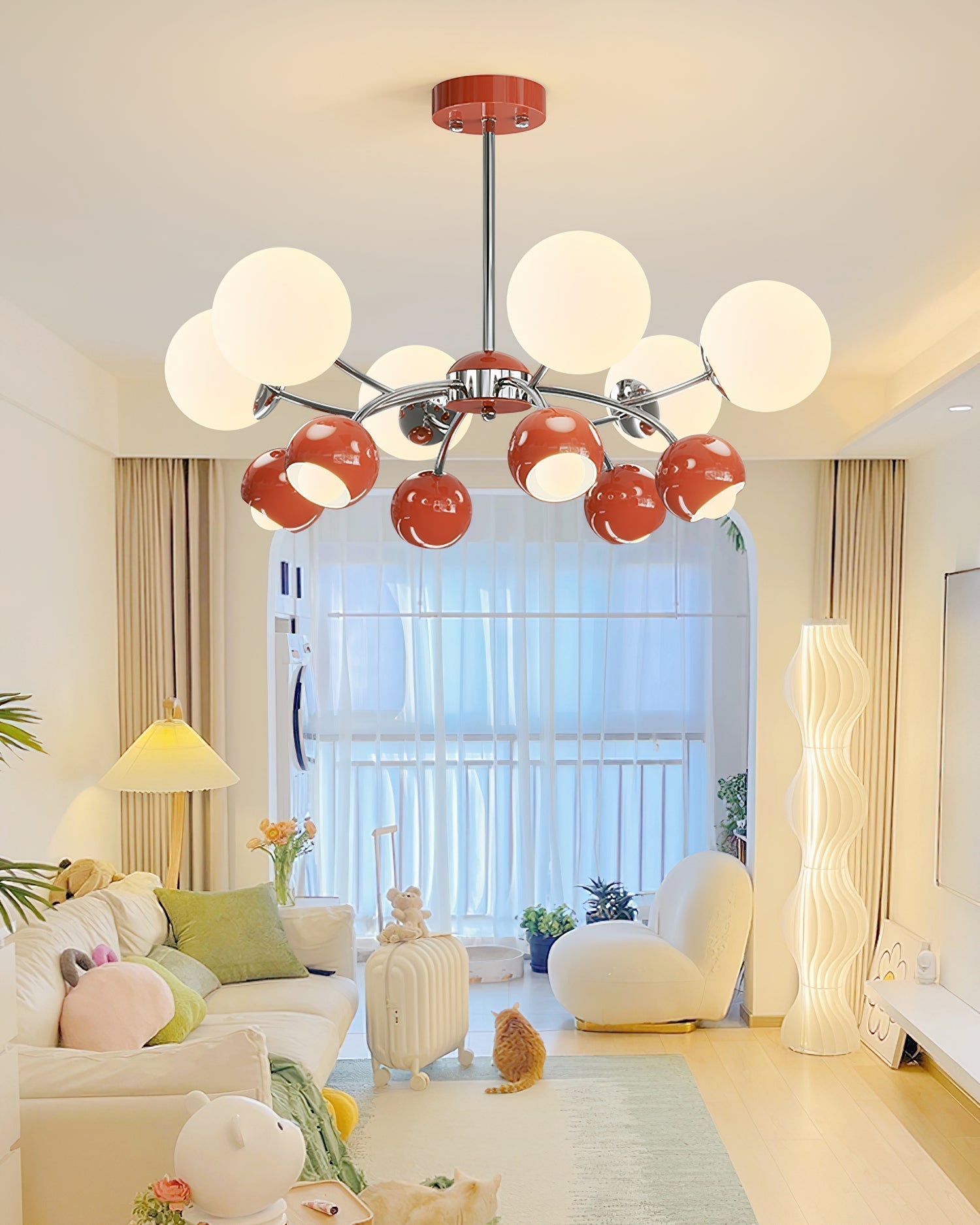 Noxiren Chandelier Chrome Red Cream Globe