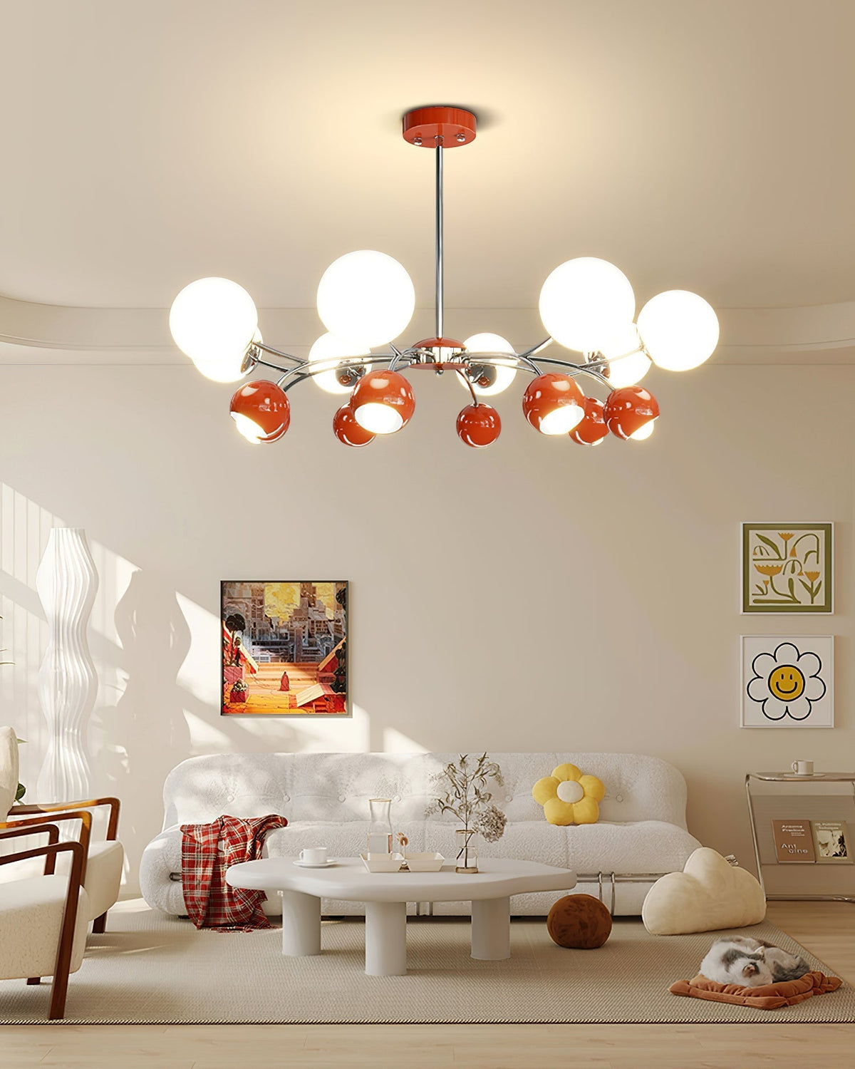 Noxiren Chandelier Chrome Red Cream Globe