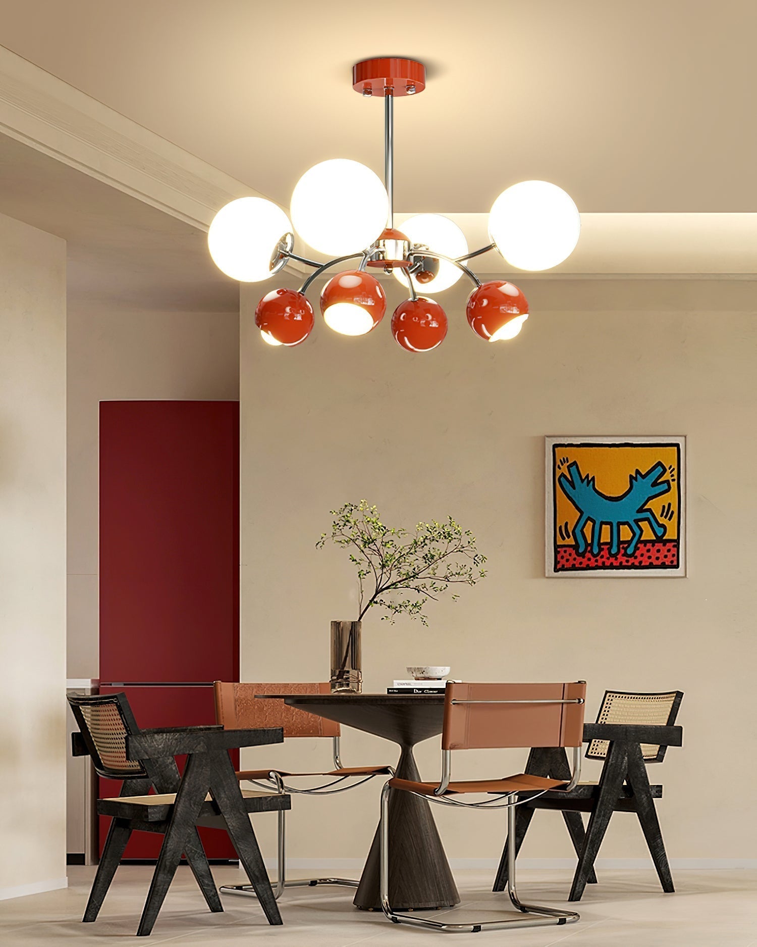Noxiren Chandelier Chrome Red Cream Globe