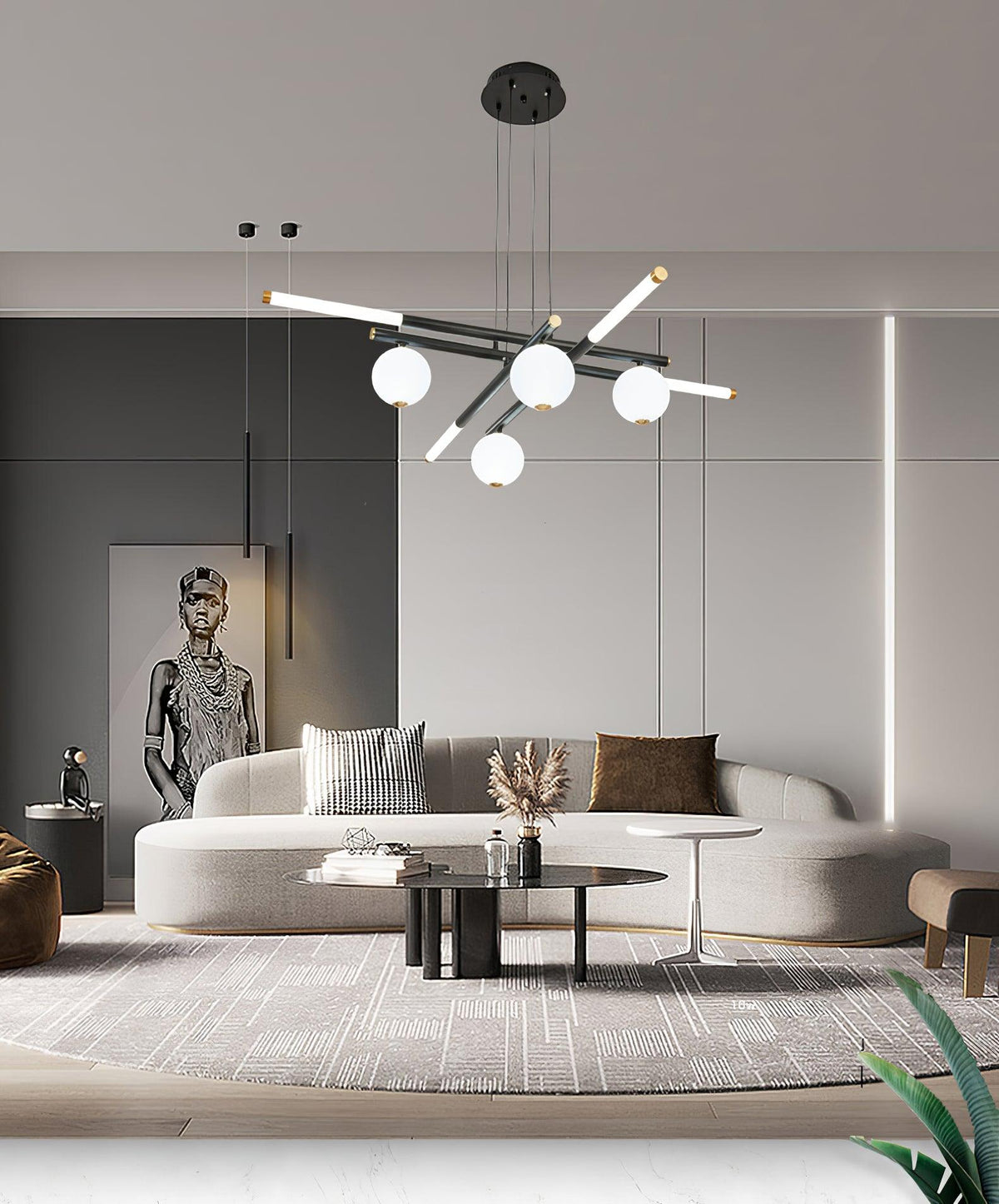 Chandelier Black White Rods and Globe Modern