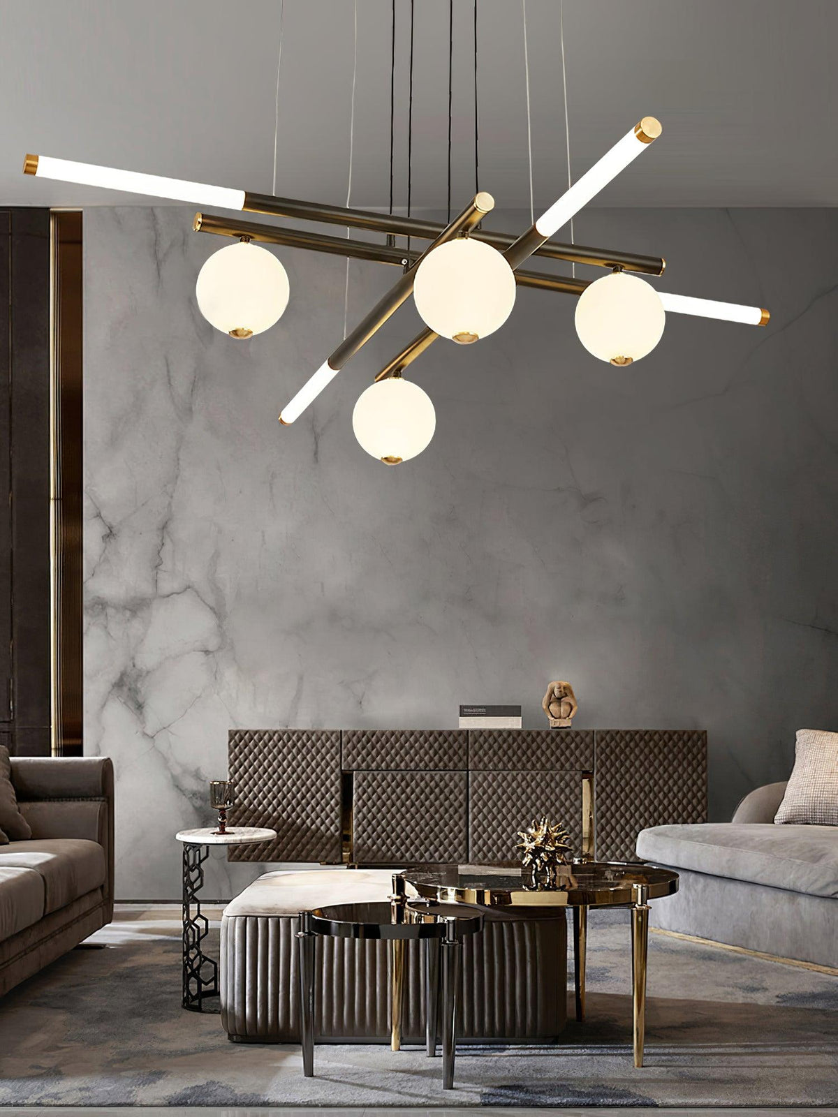 Chandelier Black White Rods and Globe Modern