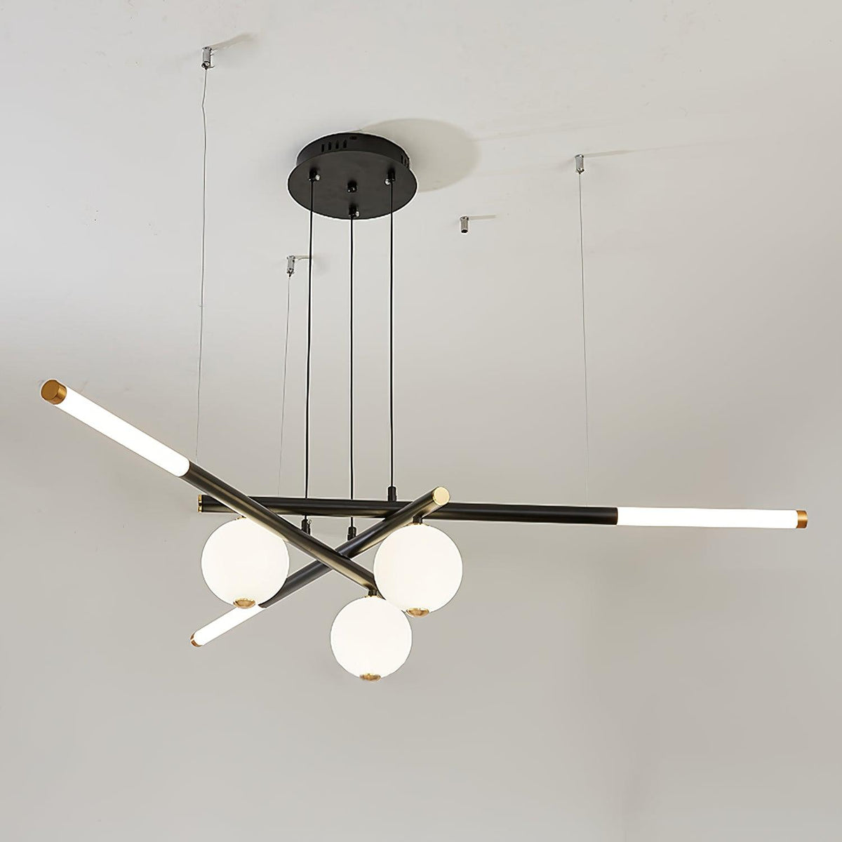 Chandelier Black White Rods and Globe Modern