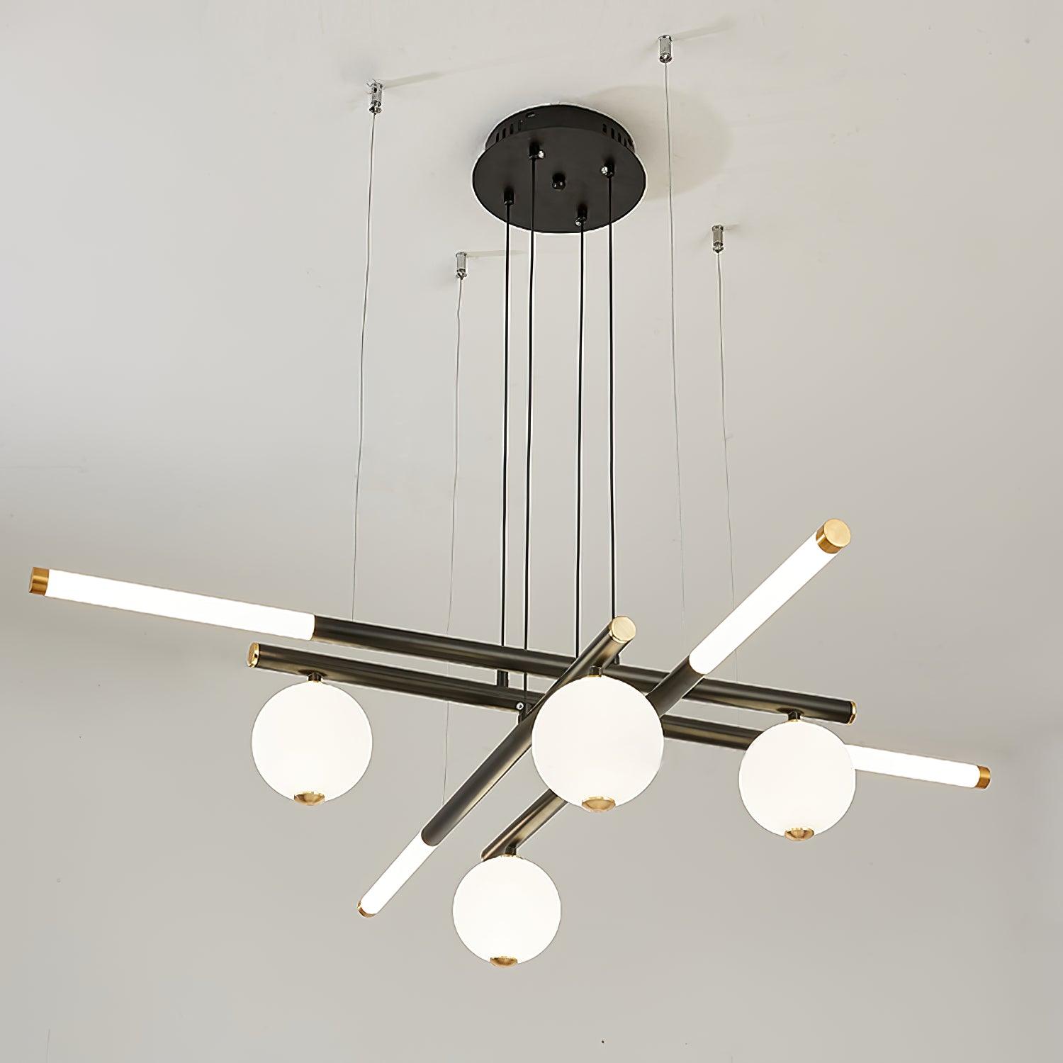 Chandelier Black White Rods and Globe Modern