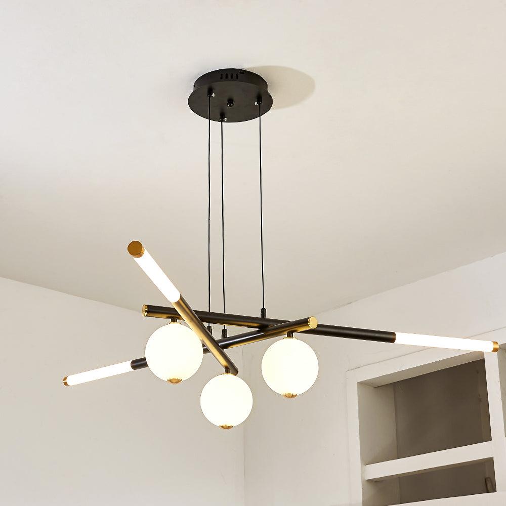 Chandelier Black White Rods and Globe Modern