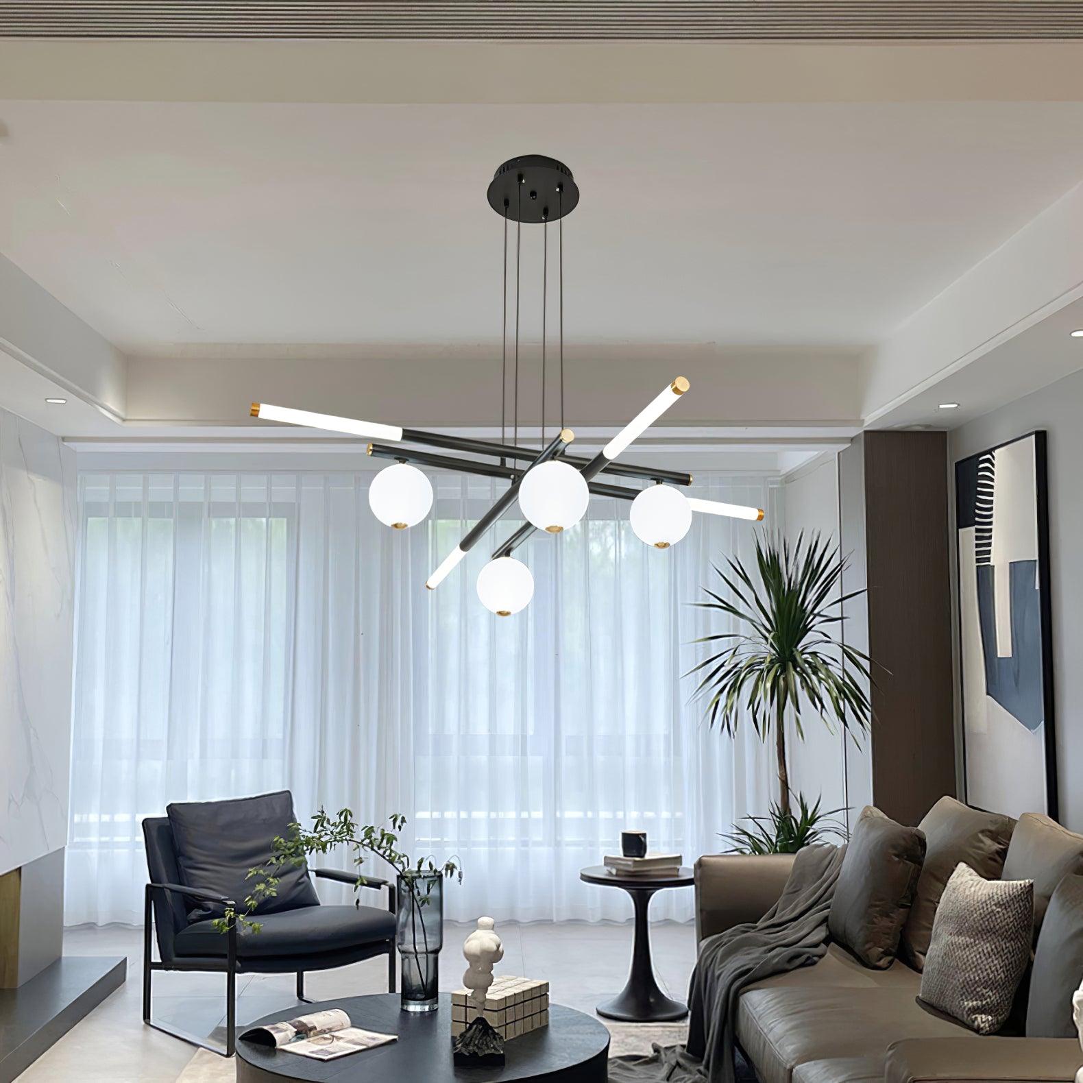 Chandelier Black White Rods and Globe Modern