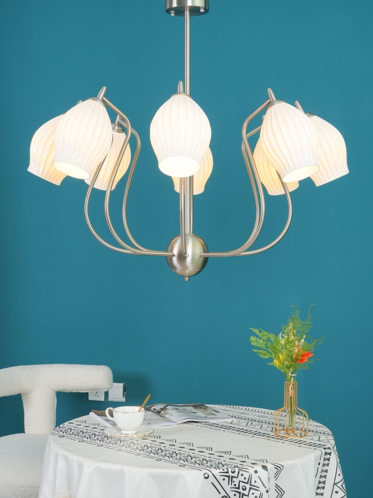 Pravin Chandelier Ceramic Ribbed Sculptural Glass Elegant