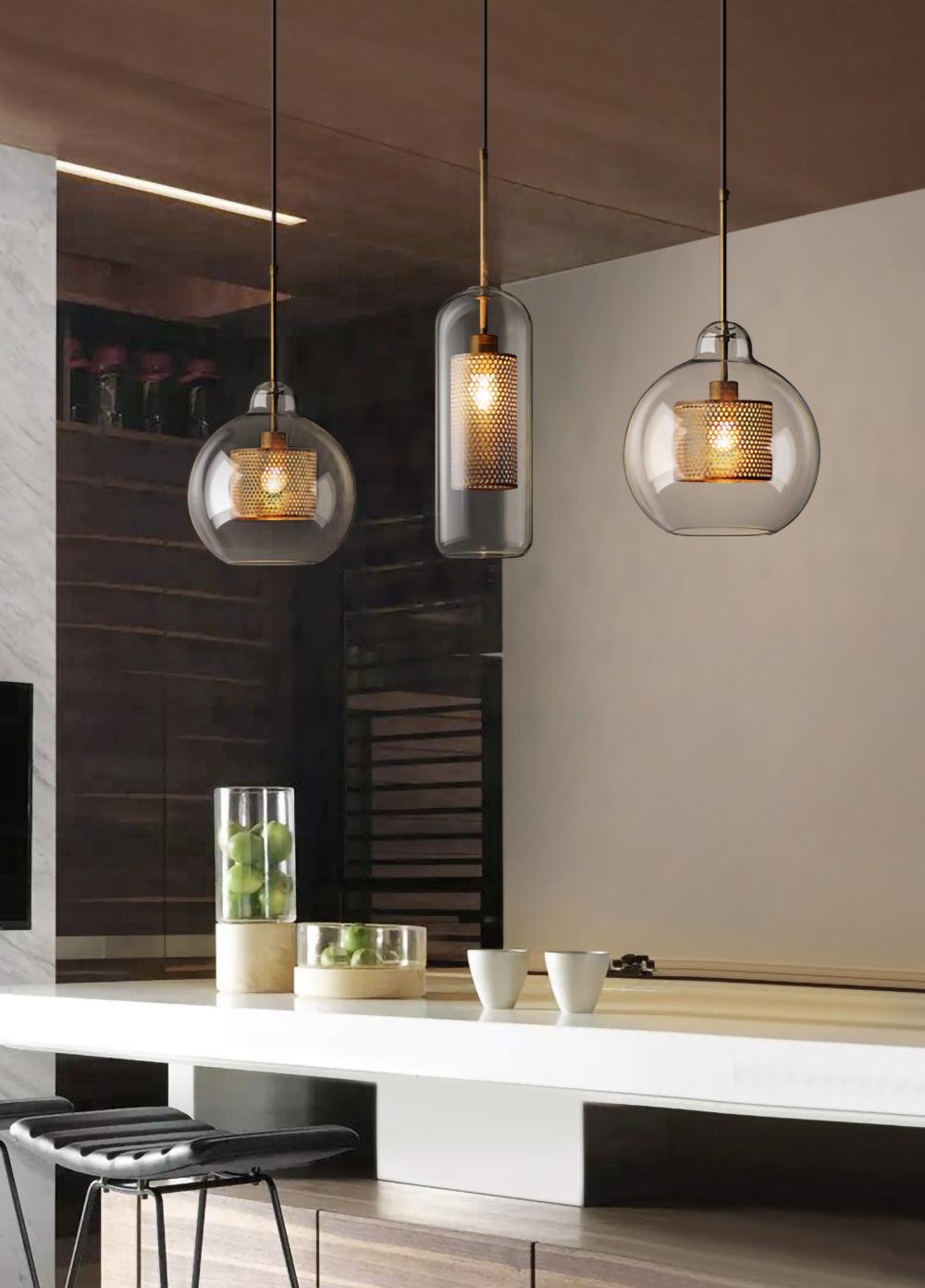 Eiruiella Pendant Lamp Glass Gold Mesh for Dining Room