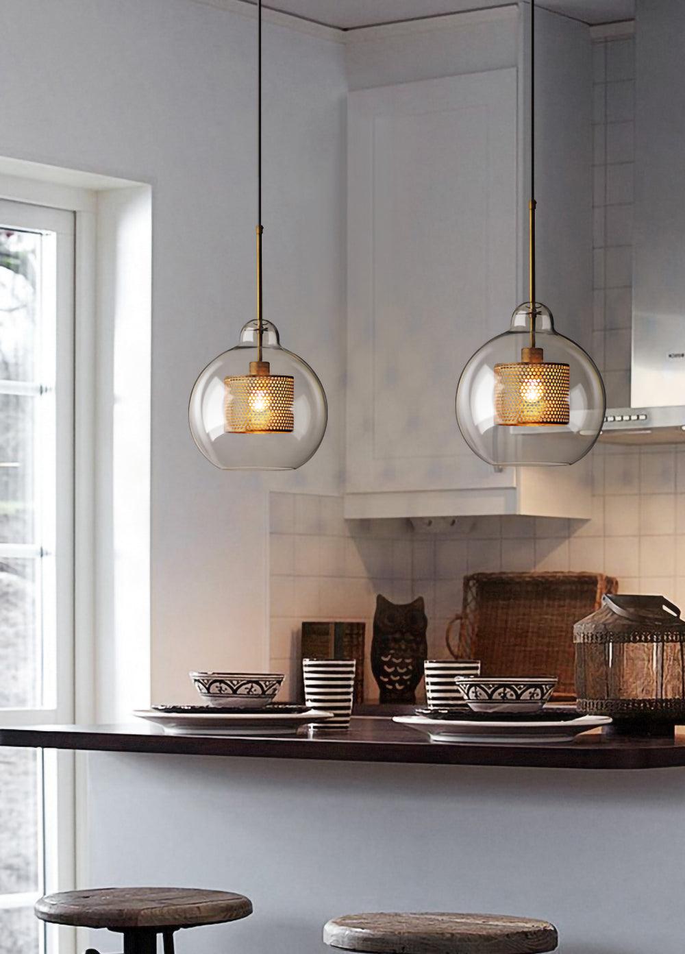 Eiruiella Pendant Lamp Glass Gold Mesh for Dining Room