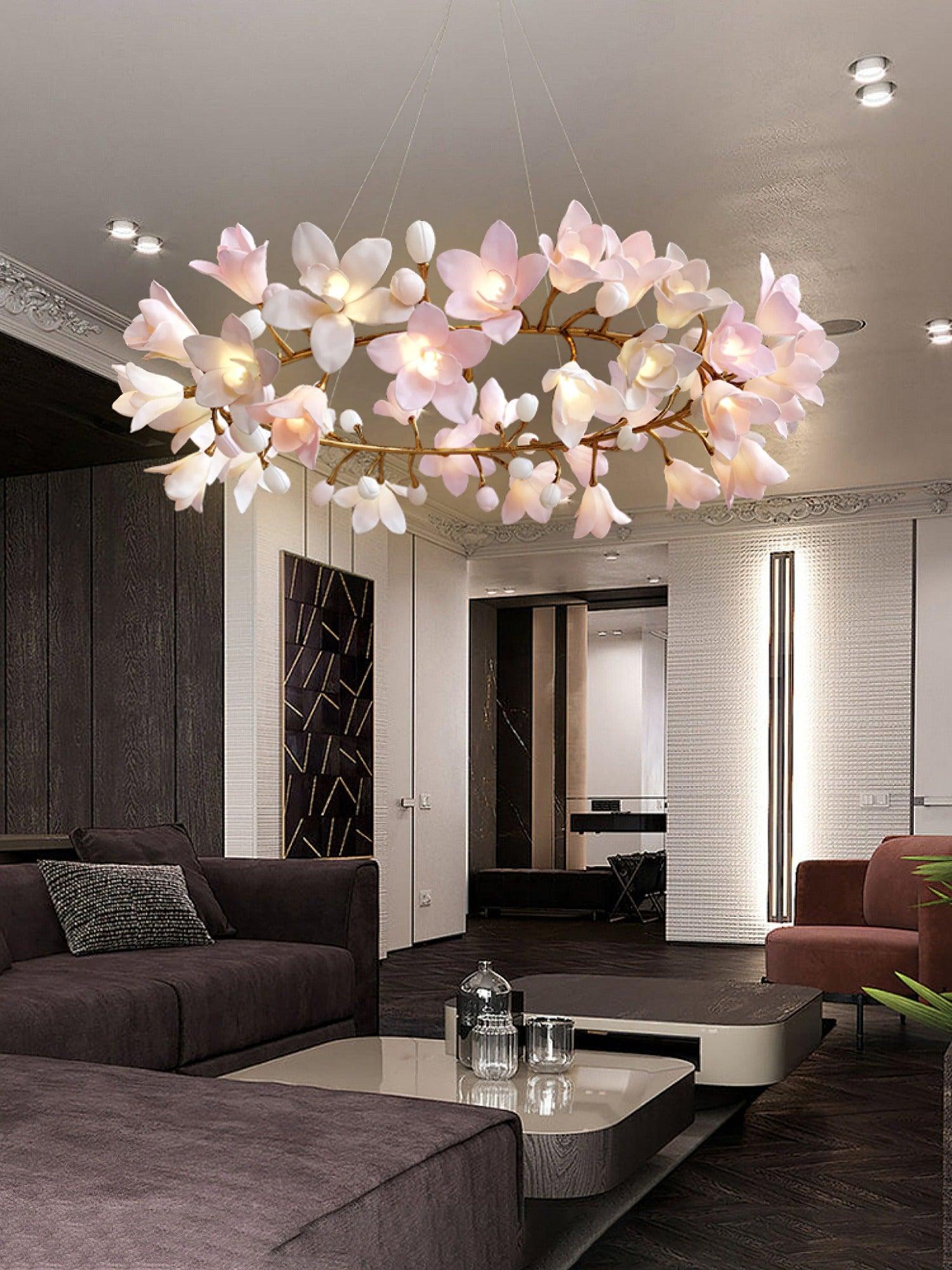 Elemu Chandelier Brass Ceramic Blossom