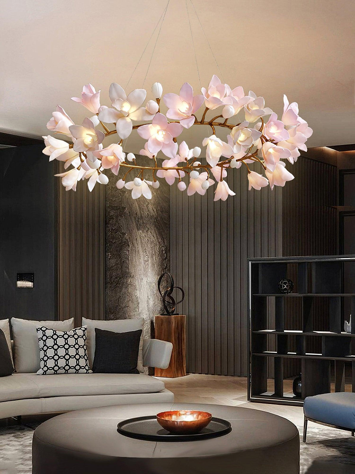 Elemu Chandelier Brass Ceramic Blossom