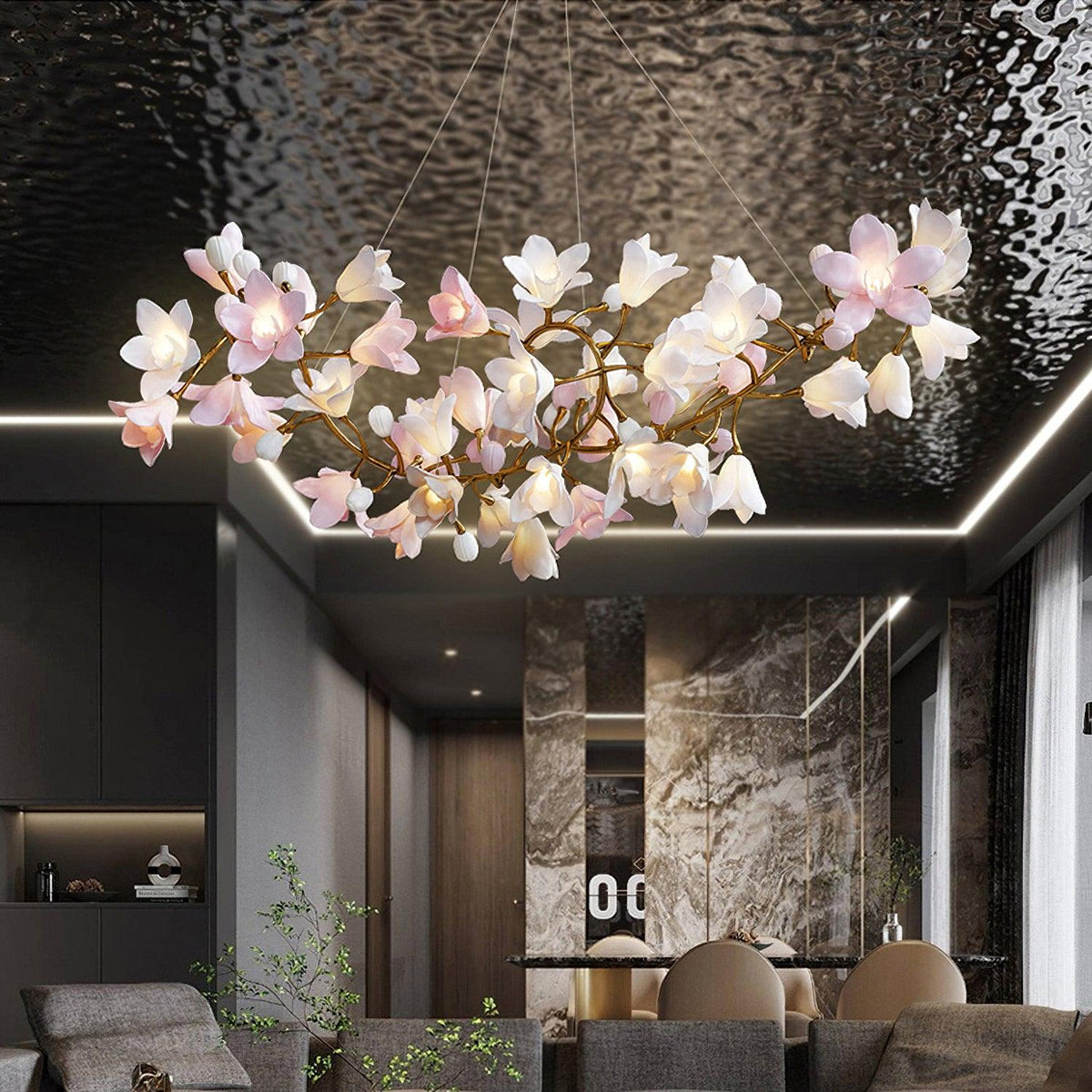 Elemu Chandelier Brass Ceramic Blossom
