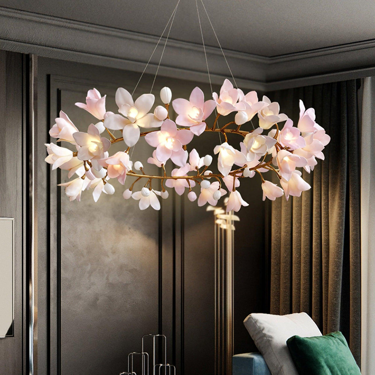 Elemu Chandelier Brass Ceramic Blossom