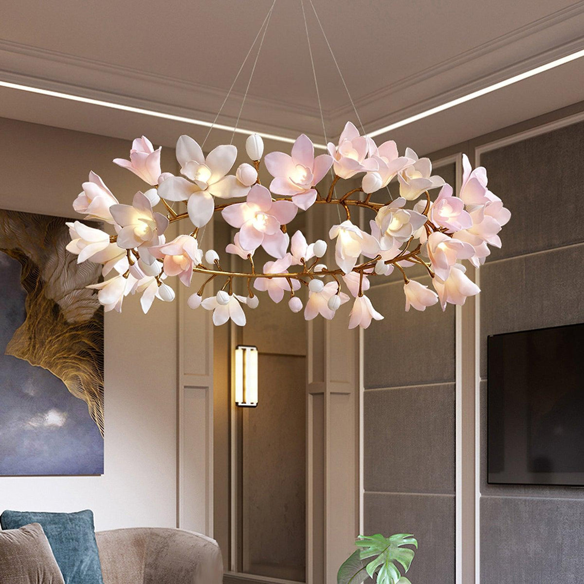 Elemu Chandelier Brass Ceramic Blossom