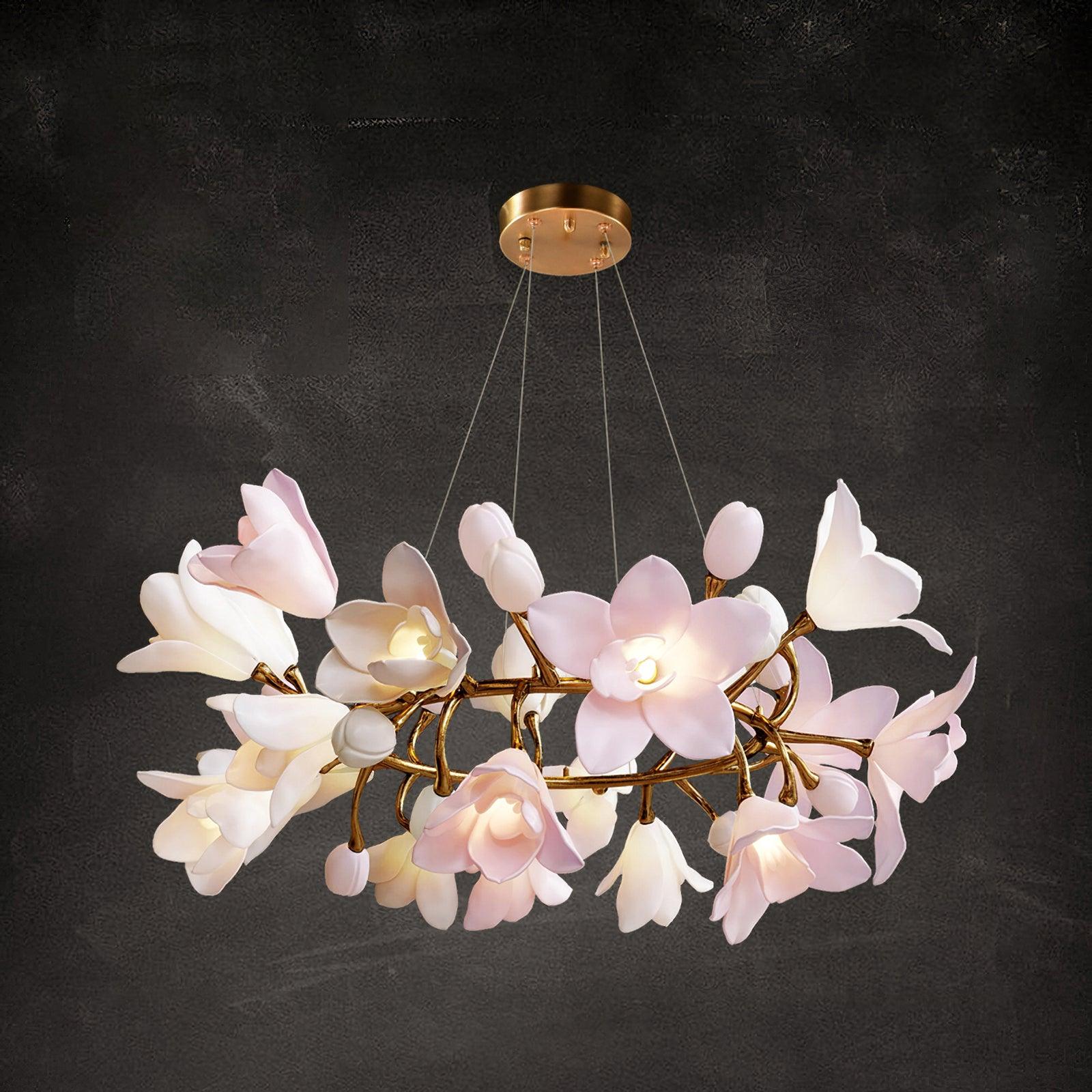 Elemu Chandelier Brass Ceramic Blossom
