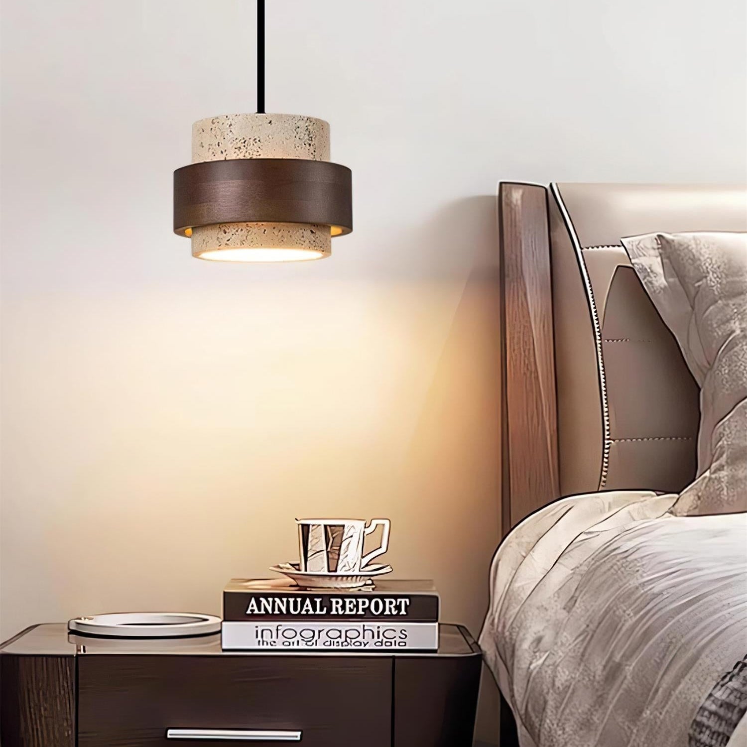 Avone Travertine and Walnut Plug-In Pendant Light - Neutral Decor