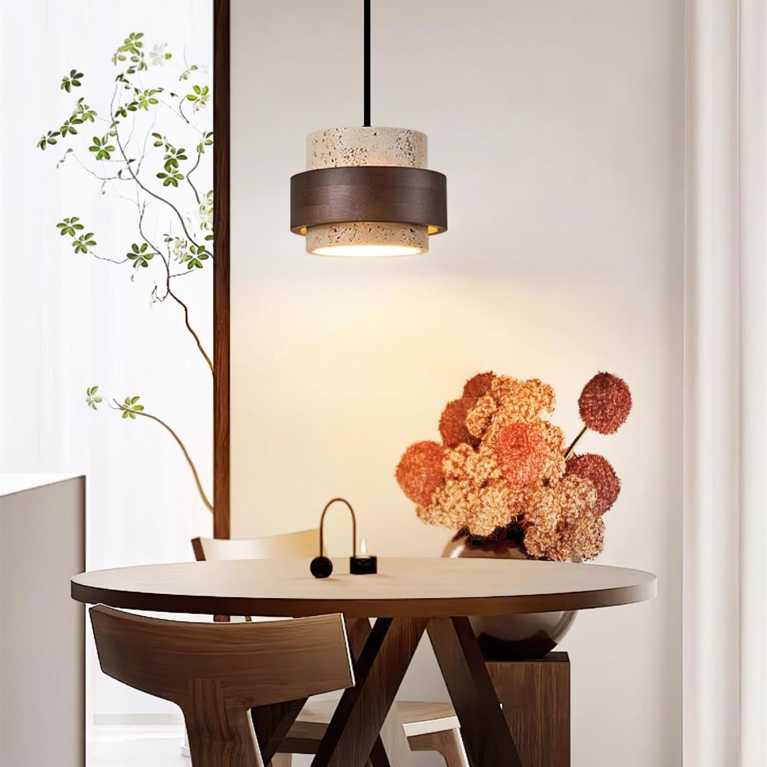 Avone Travertine and Walnut Plug-In Pendant Light - Neutral Decor