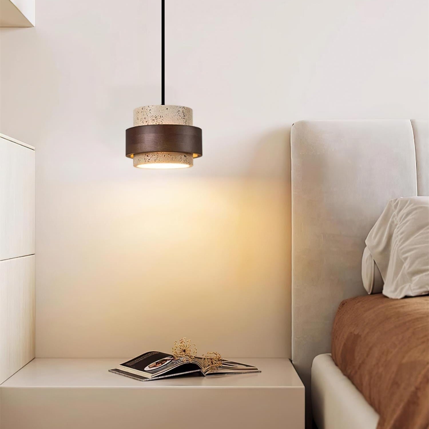 Avone Travertine and Walnut Plug-In Pendant Light - Neutral Decor