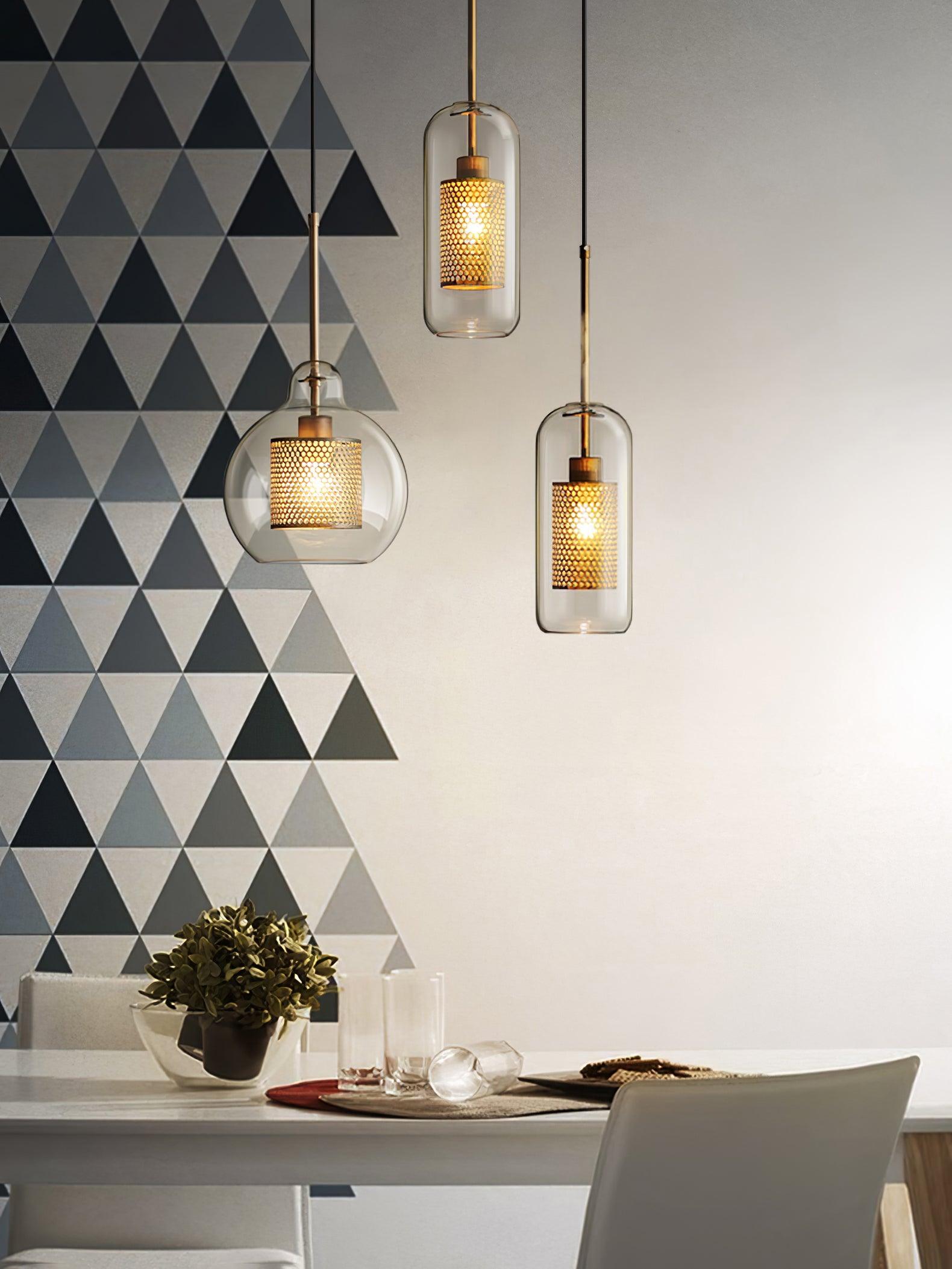 Eiruiella Pendant Lamp Glass Gold Mesh for Dining Room