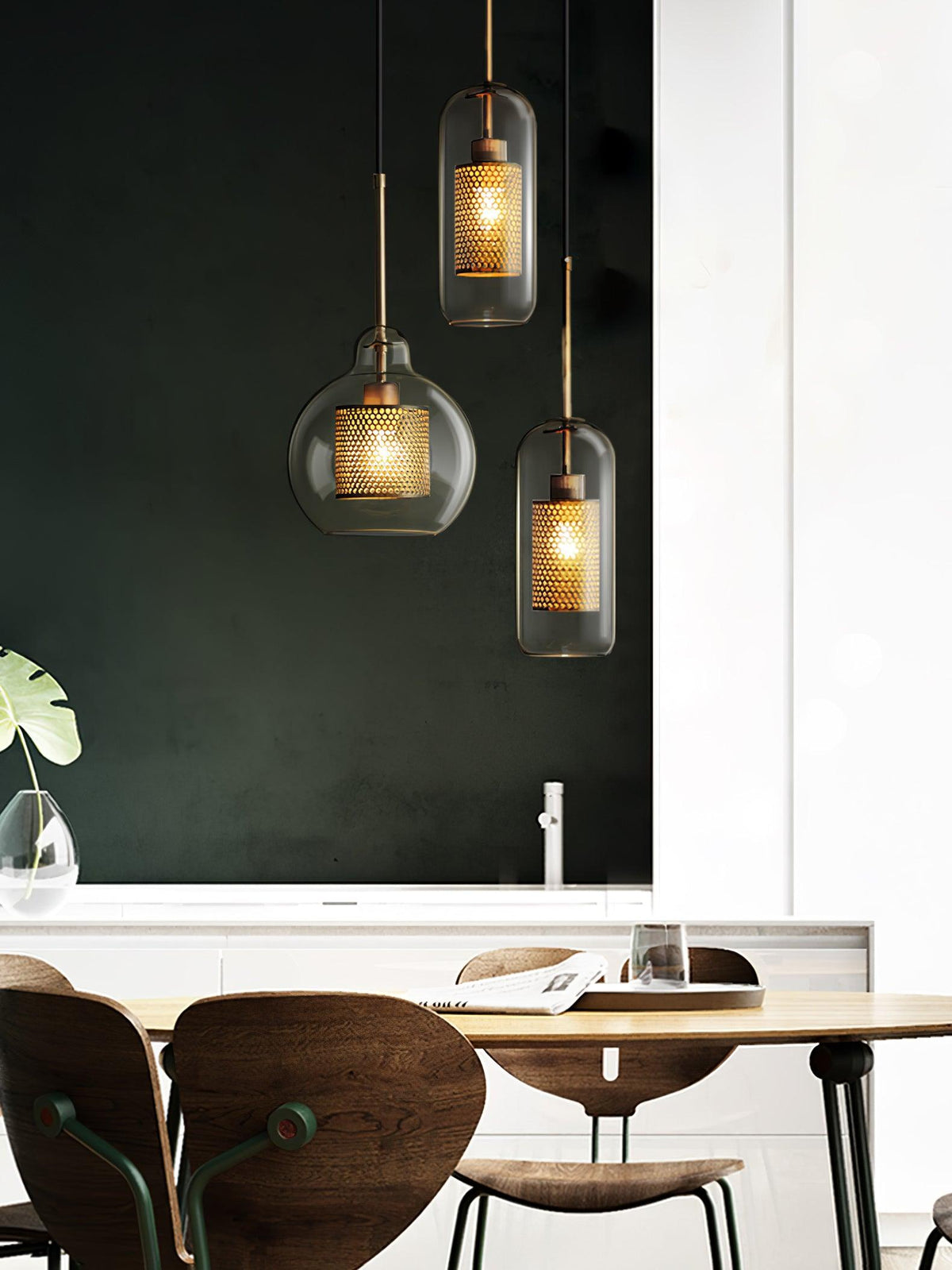 Eiruiella Pendant Lamp Glass Gold Mesh for Dining Room