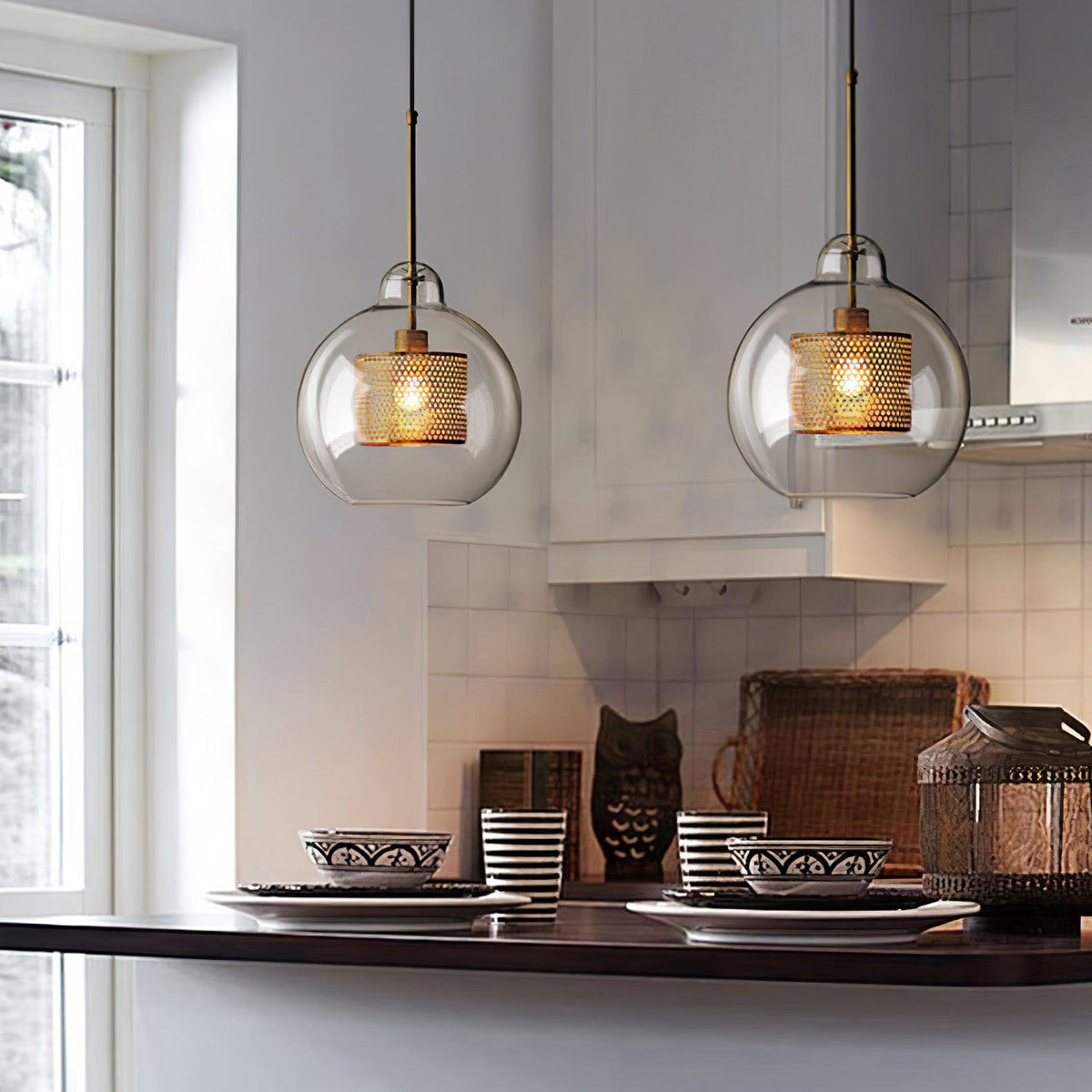 Eiruiella Pendant Lamp Glass Gold Mesh for Dining Room