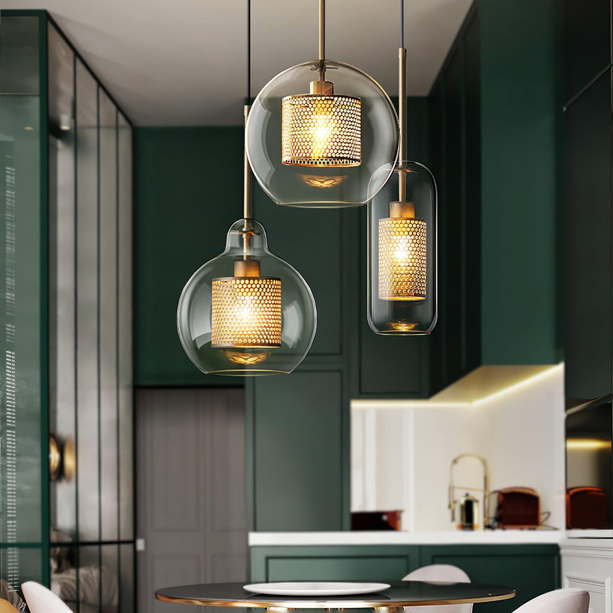 Eiruiella Pendant Lamp Glass Gold Mesh for Dining Room