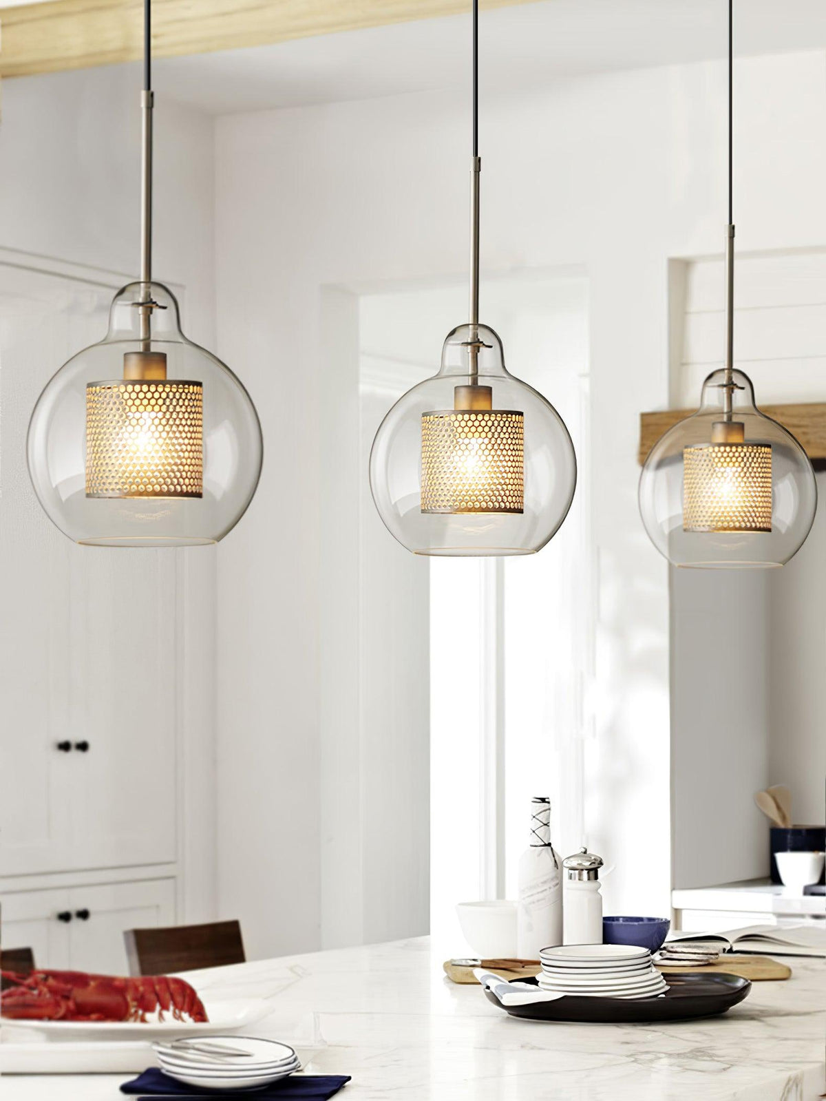 Eiruiella Pendant Lamp Glass Gold Mesh for Dining Room