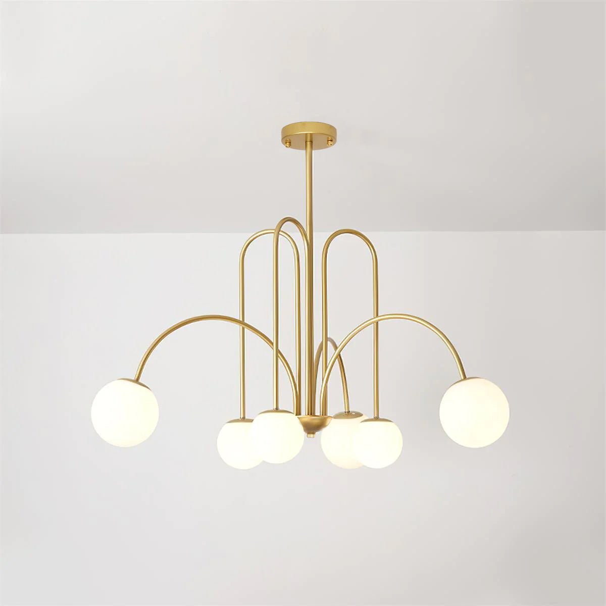 Sevi Chandelier Brass Curved Arms White Globe