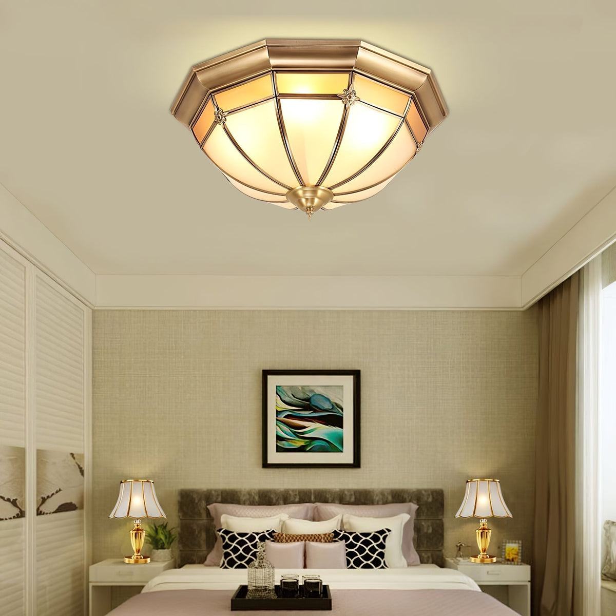 Vovynan Elegance Dome Brass Glass Flush Ceiling Lamp