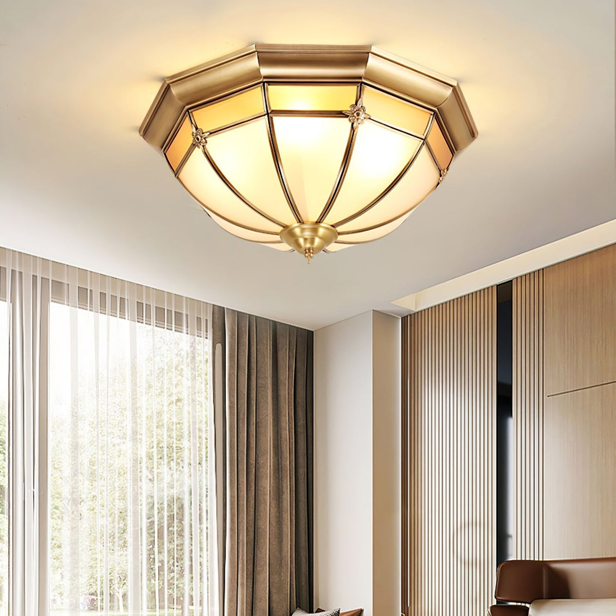 Vovynan Elegance Dome Brass Glass Flush Ceiling Lamp