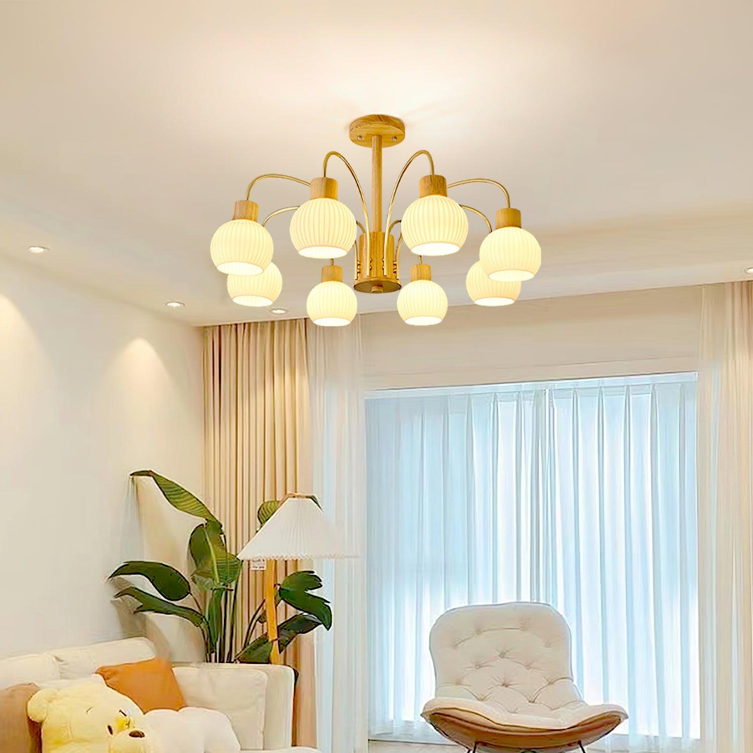 Sylorine Chandelier Wooden 6 Lights Elegant Glass