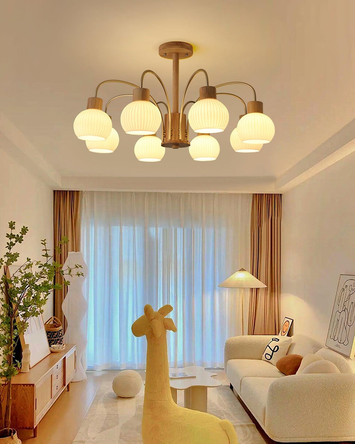 Sylorine Chandelier Wooden 6 Lights Elegant Glass