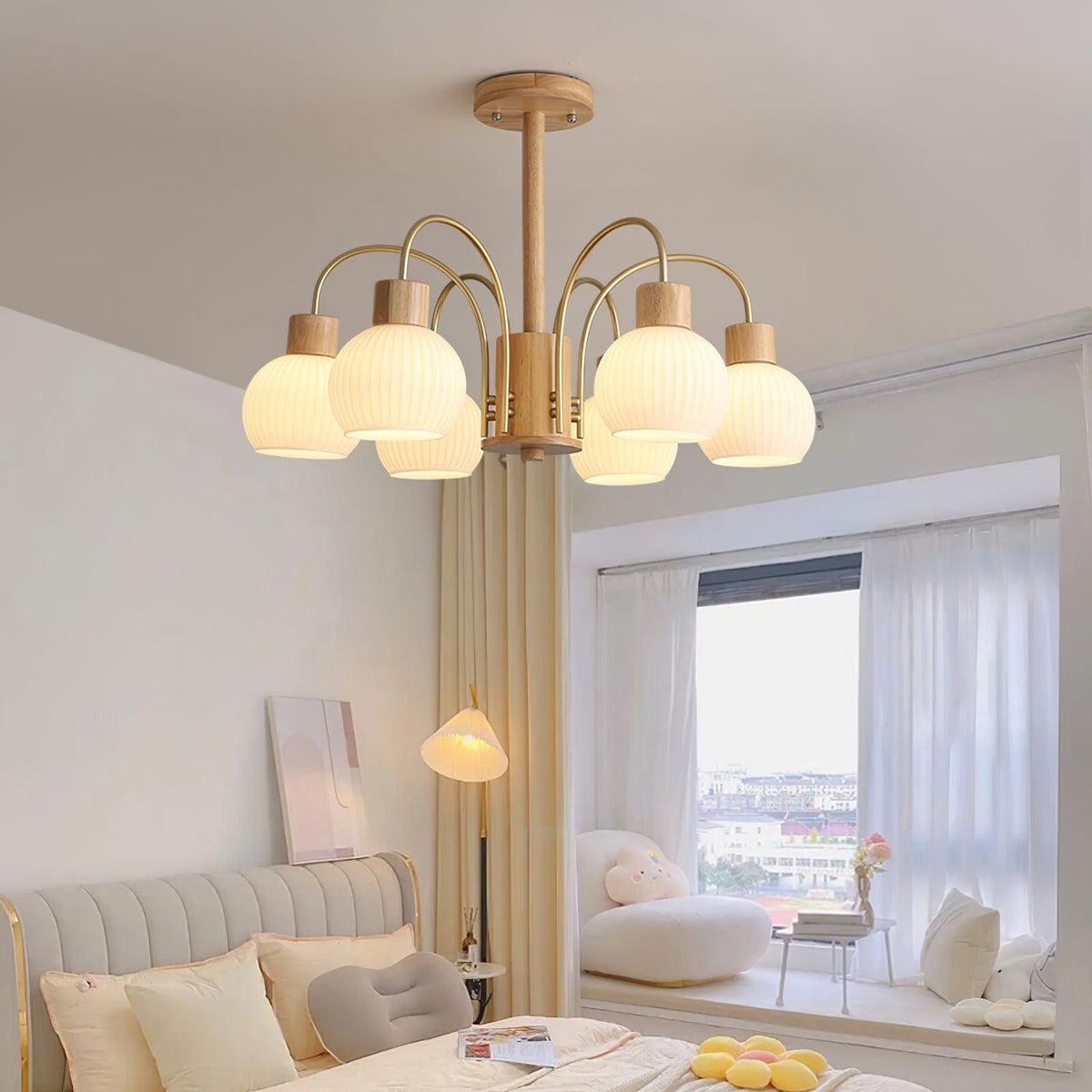 Sylorine Chandelier Wooden 6 Lights Elegant Glass