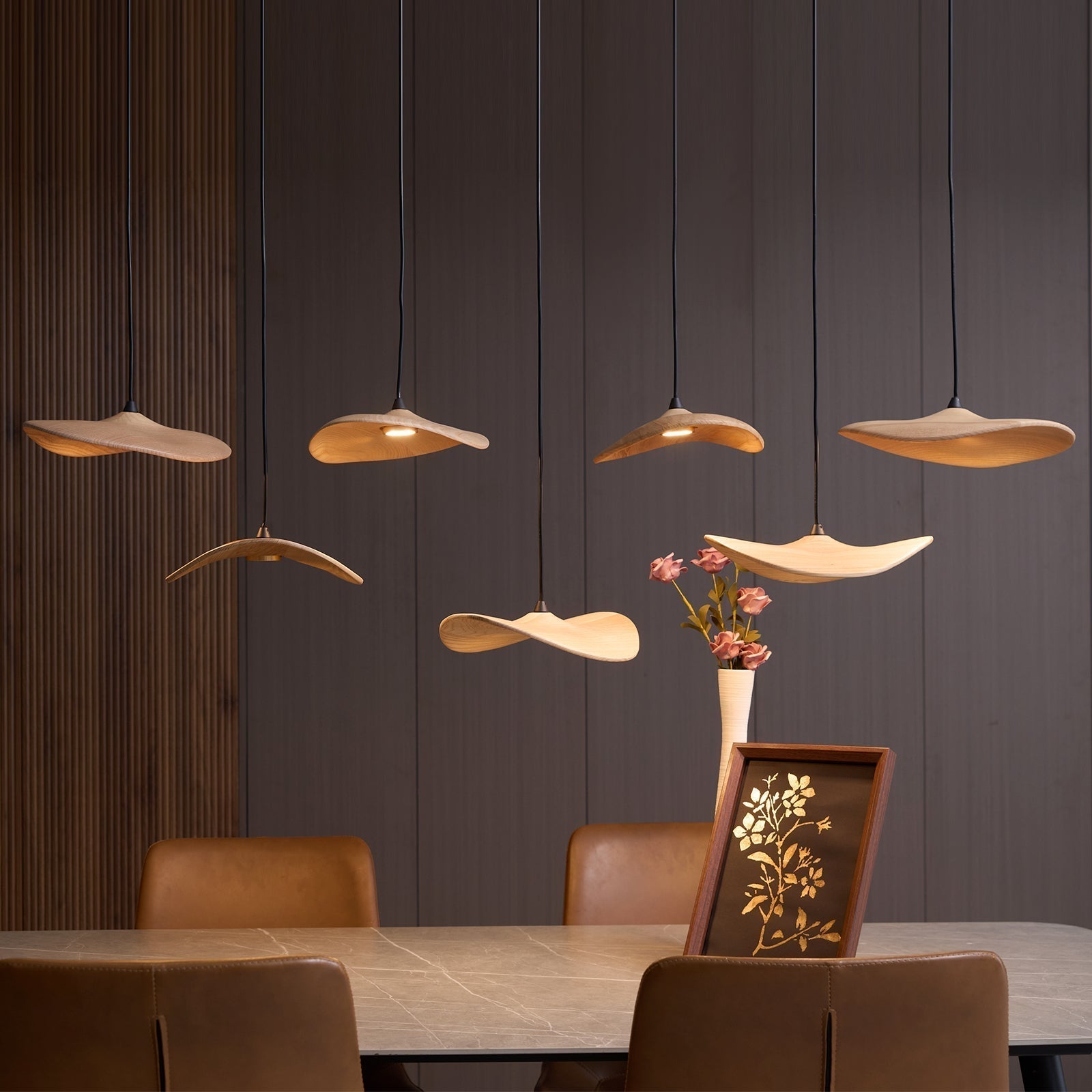 Abbott Modern Minimalist Empty Leaf Wood Chandelier