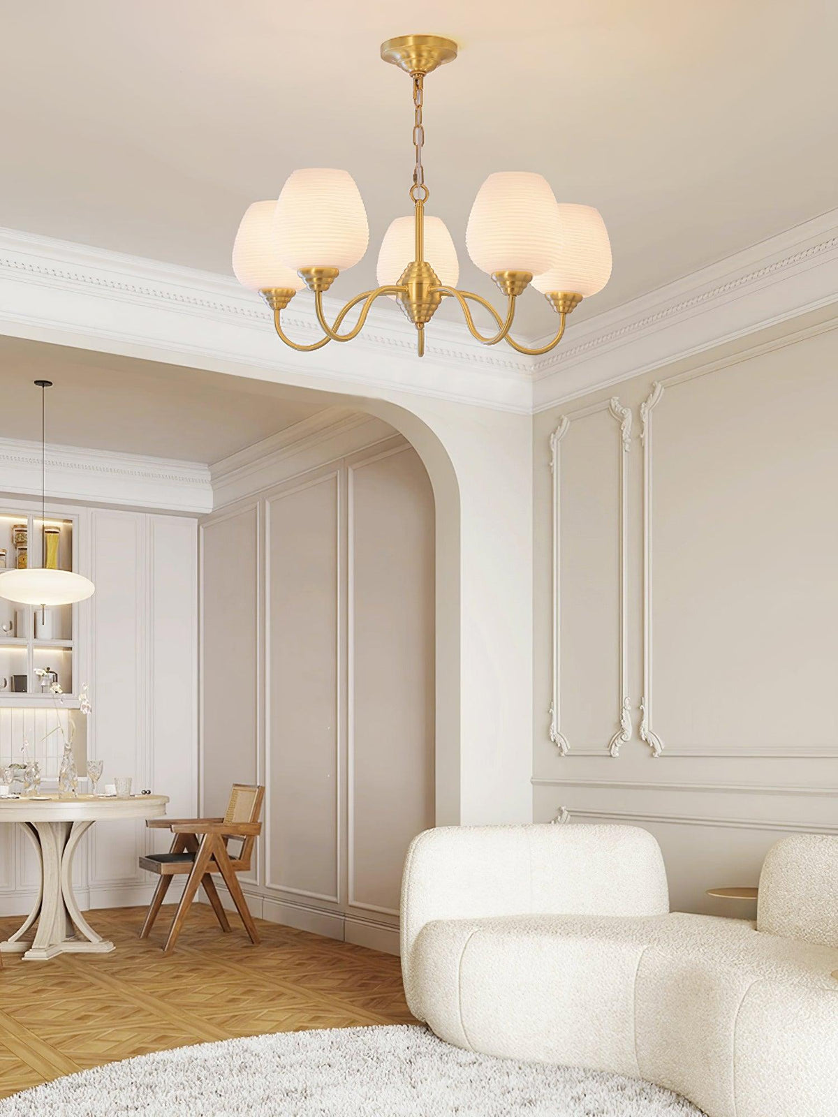 Celenian Chandelier Antique Brass White Glass
