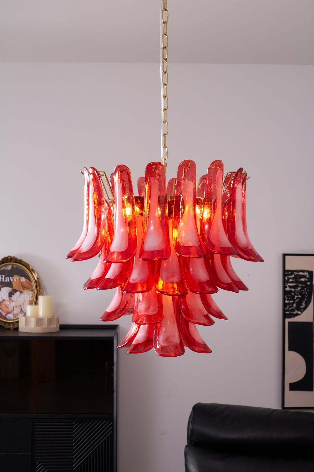 Celarine Chandelier Red Petal Glass Layered Artistic