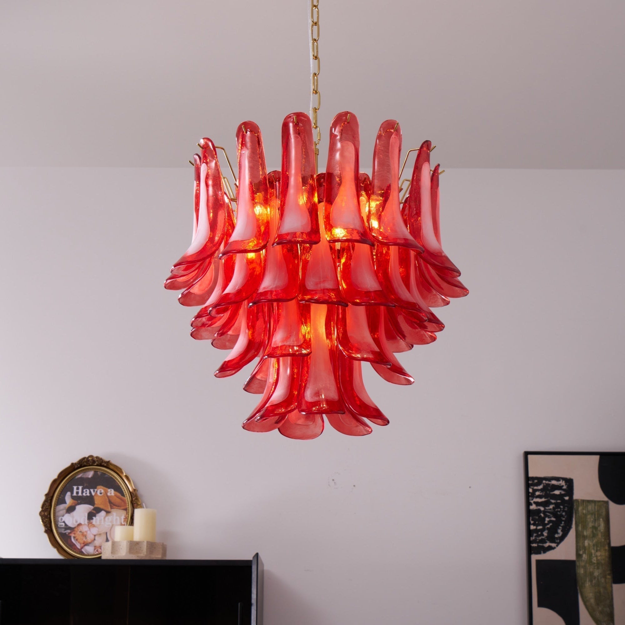 Celarine Chandelier Red Petal Glass Layered Artistic
