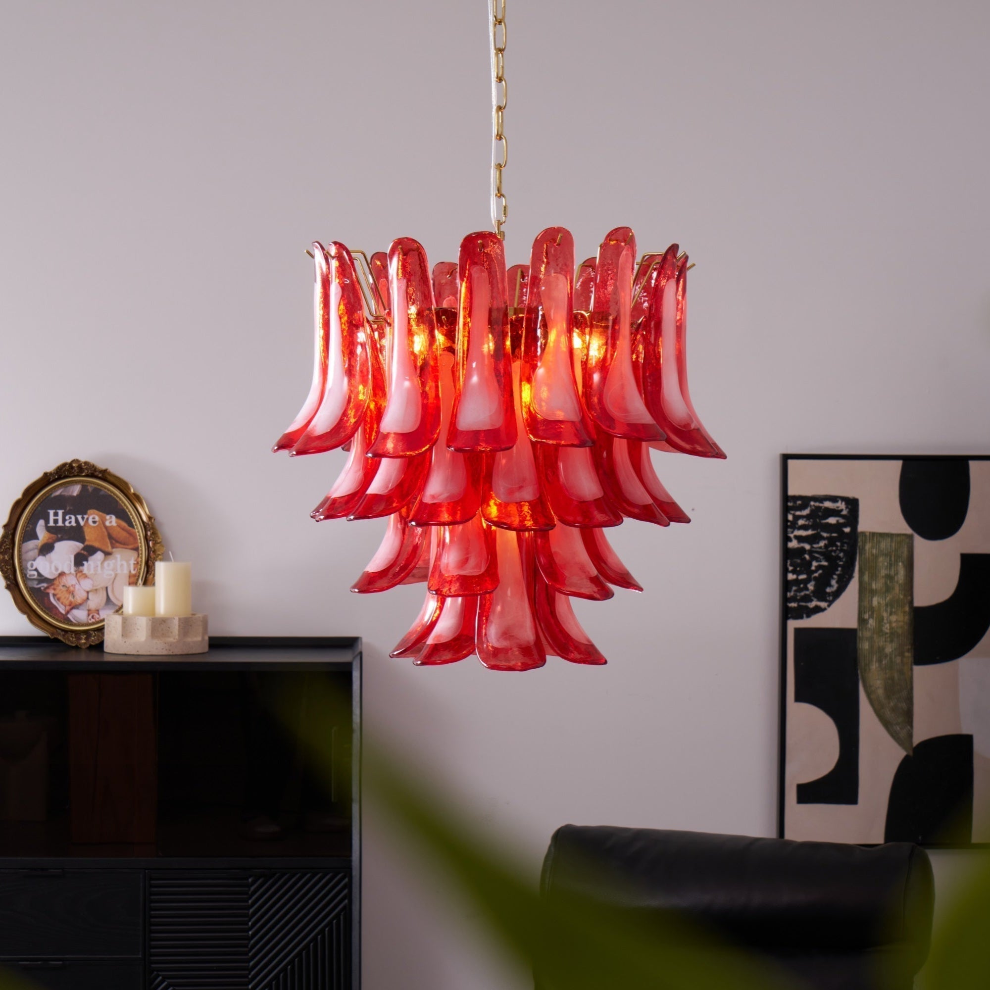 Celarine Chandelier Red Petal Glass Layered Artistic