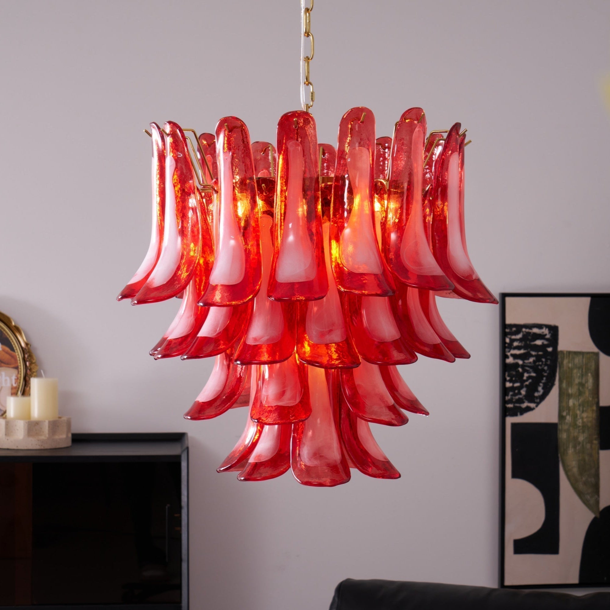 Celarine Chandelier Red Petal Glass Layered Artistic