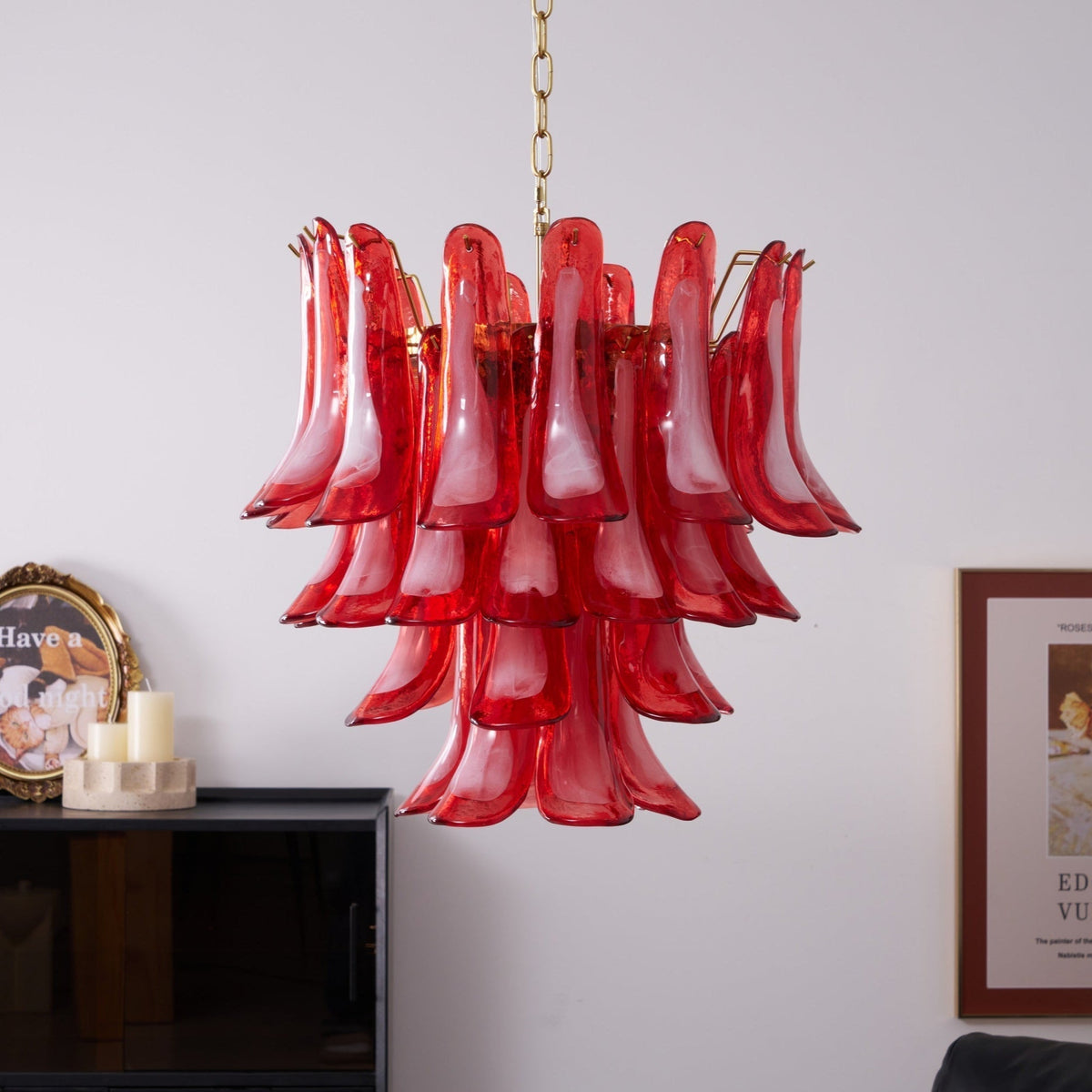 Celarine Chandelier Red Petal Glass Layered Artistic
