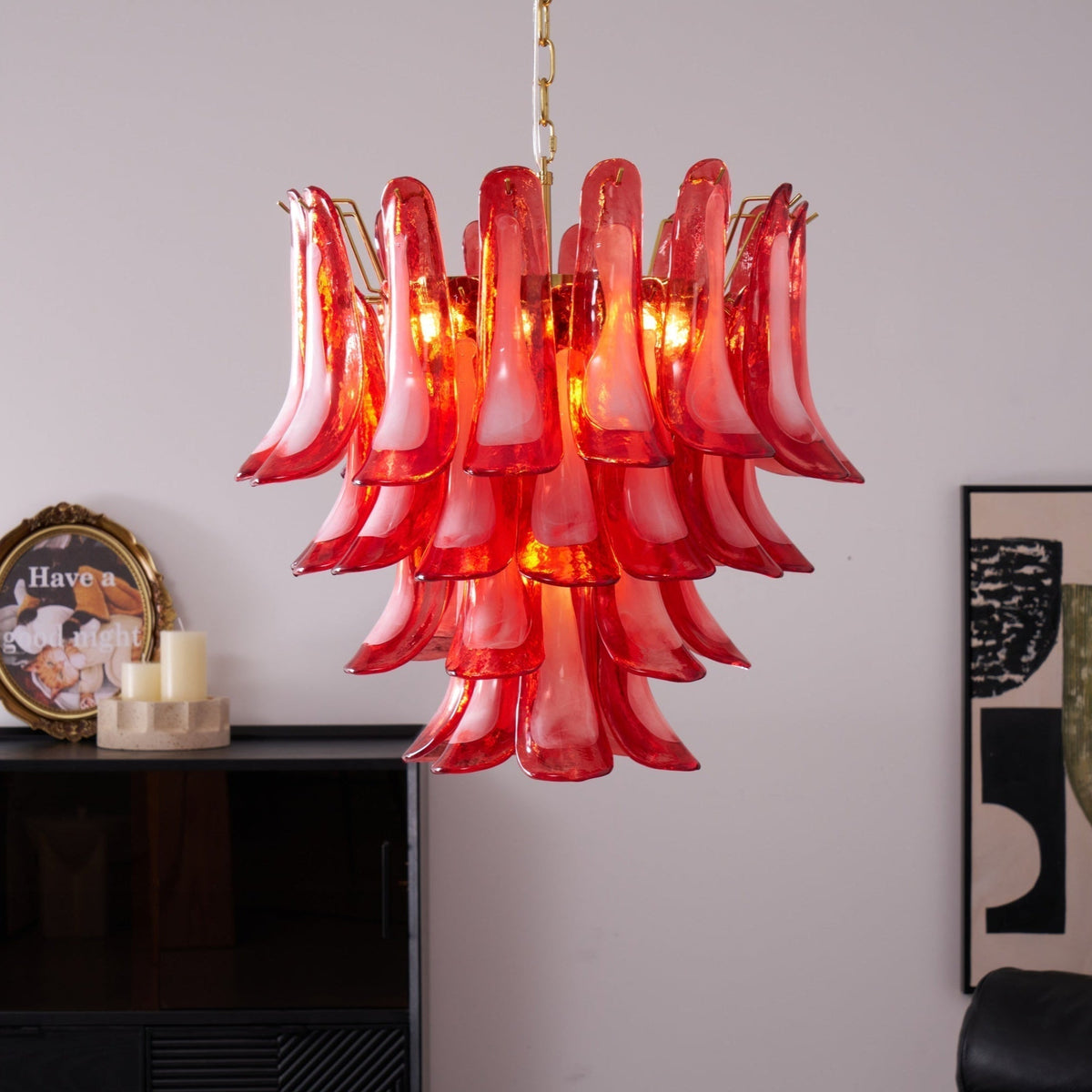Celarine Chandelier Red Petal Glass Layered Artistic