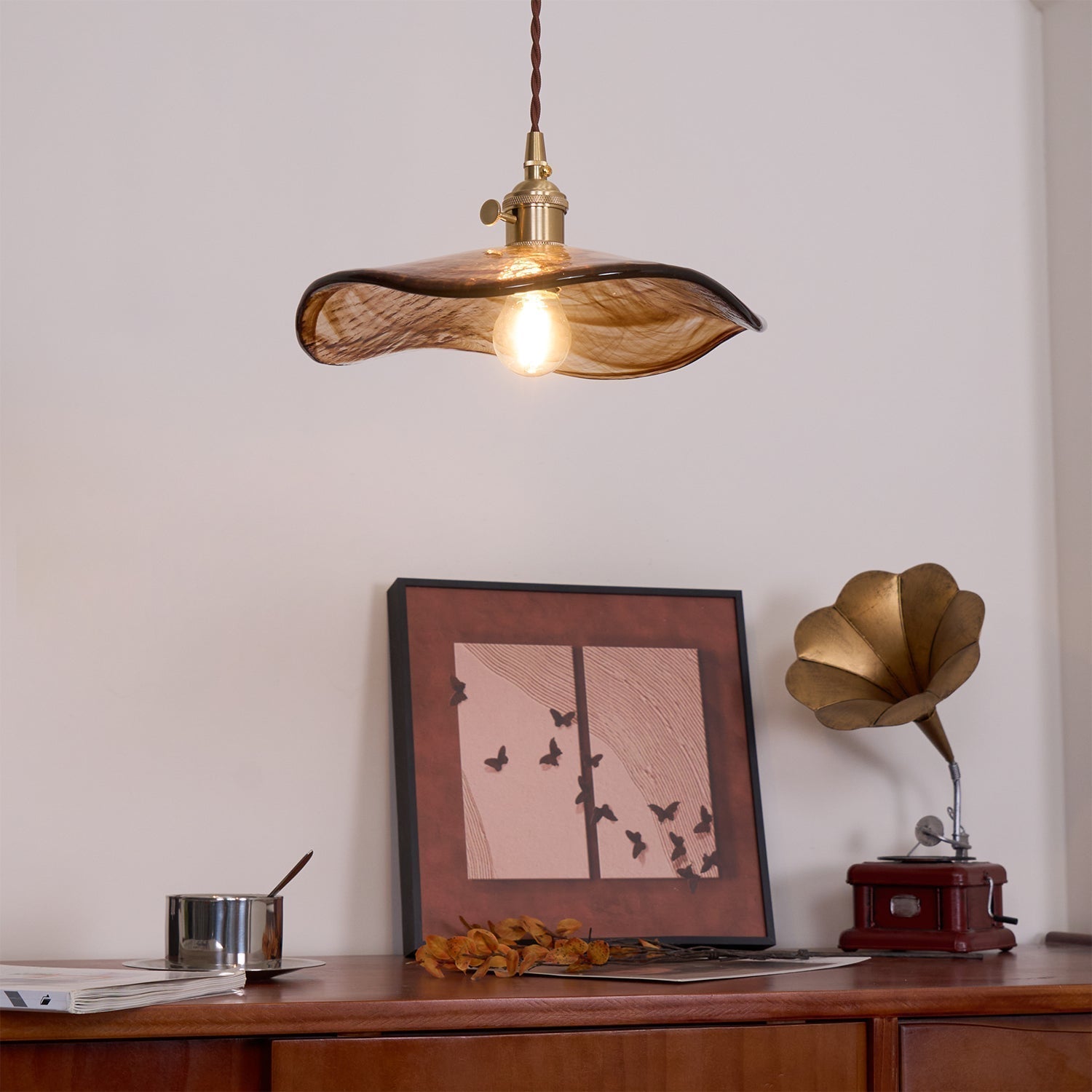 Hildes Art Flower Petal Swag Brass Glass Pendant Light