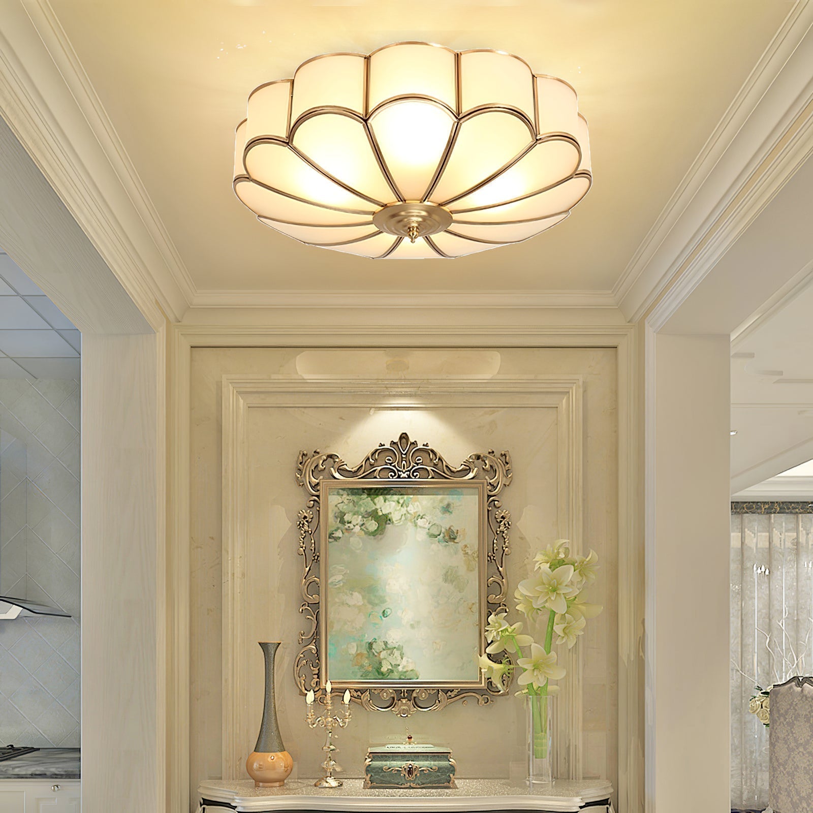 Viraean Modern Minimalist Flower Shape Brass Glass Ceiling Light