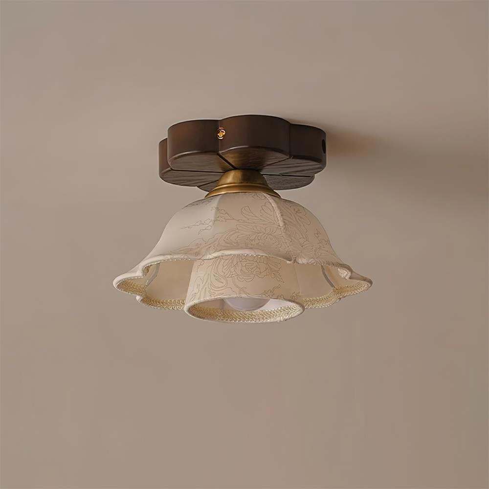 Ceiling Light Scalloped Fabric Shade Walnut Wood Canopy Vintage - Neutral Decor