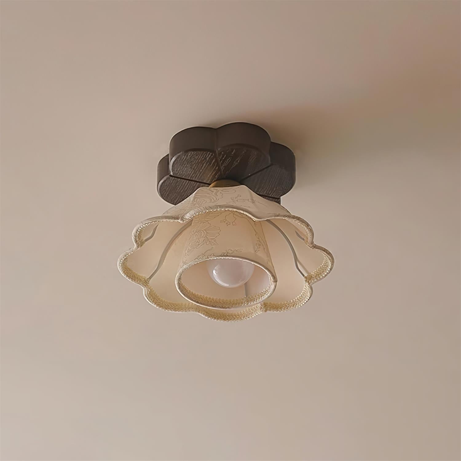 Ceiling Light Scalloped Fabric Shade Walnut Wood Canopy Vintage - Neutral Decor