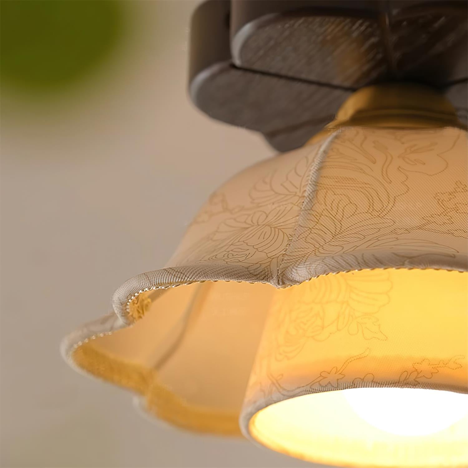Ceiling Light Scalloped Fabric Shade Walnut Wood Canopy Vintage - Neutral Decor